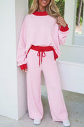 Light Pink Color Block Trim Long Sleeve Pullover Drawstring Shift Pants Set PREORDER ETA 3 WEEKS