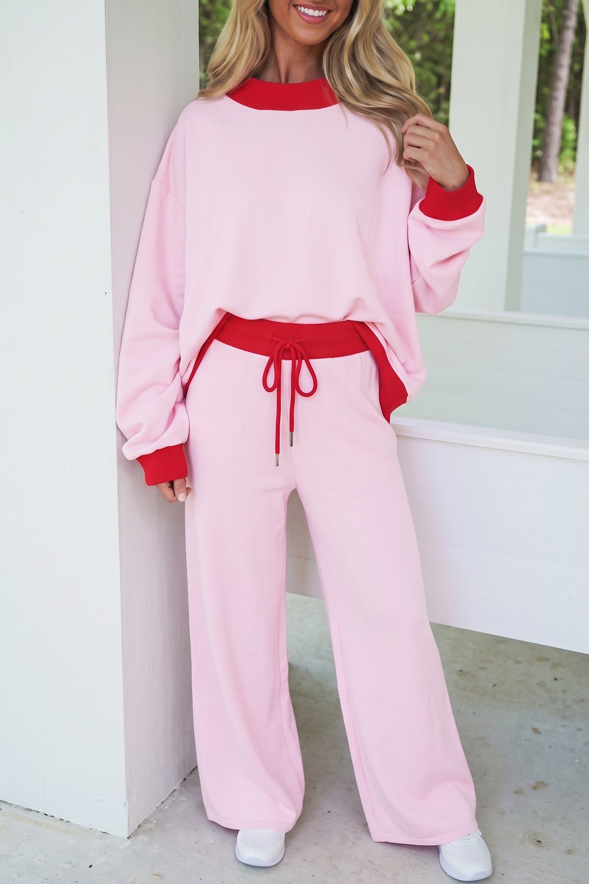 Light Pink Color Block Trim Long Sleeve Pullover Drawstring Shift Pants Set PREORDER ETA 3 WEEKS