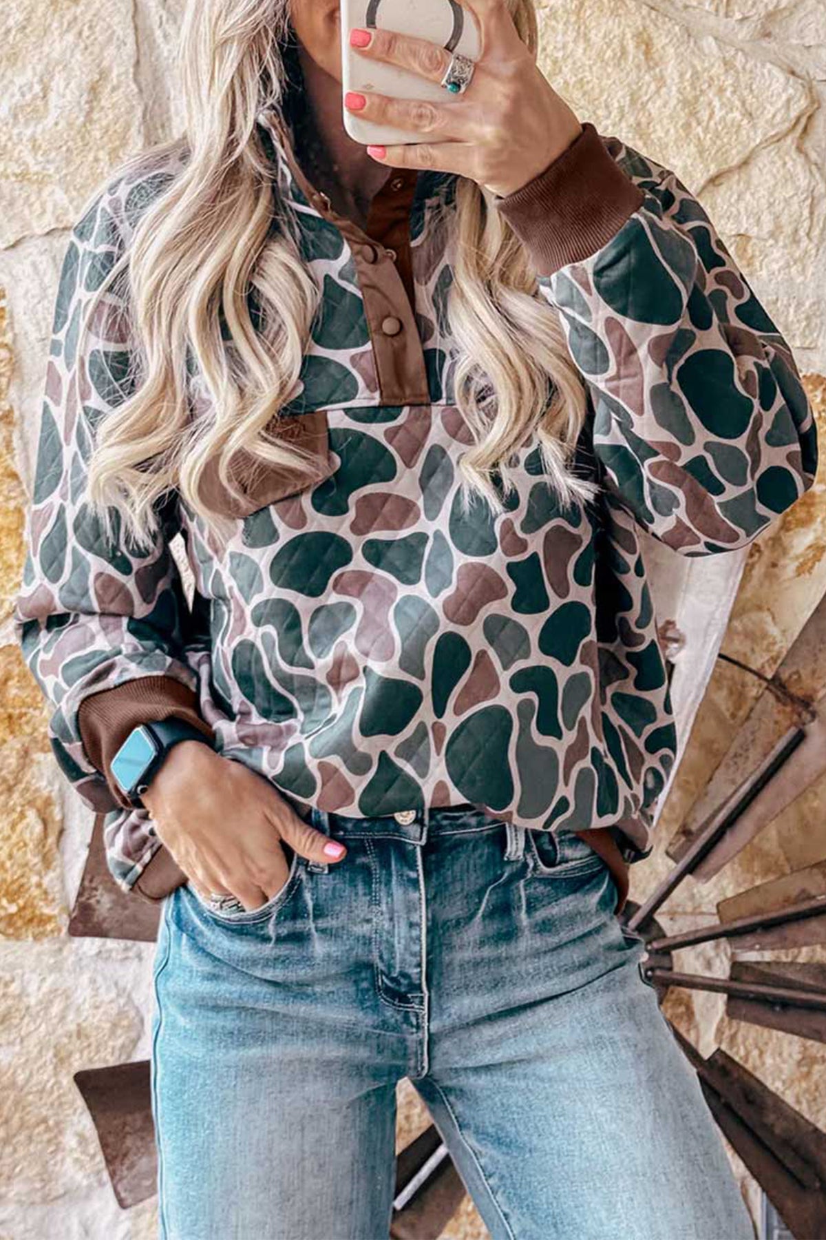 Multicolour Retro Camouflage Pattern Color Block Detail Button Pullover Sweatshirt PREORDER ETA 3 WEEK