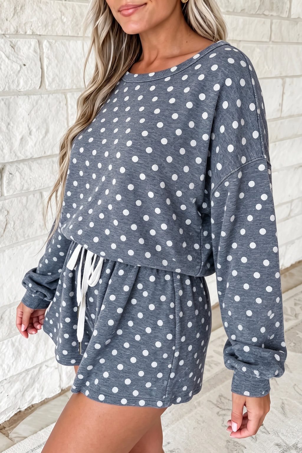 Gray Polka Dot Long Sleeve Top Drawstring Shorts Loose 2pcs Set