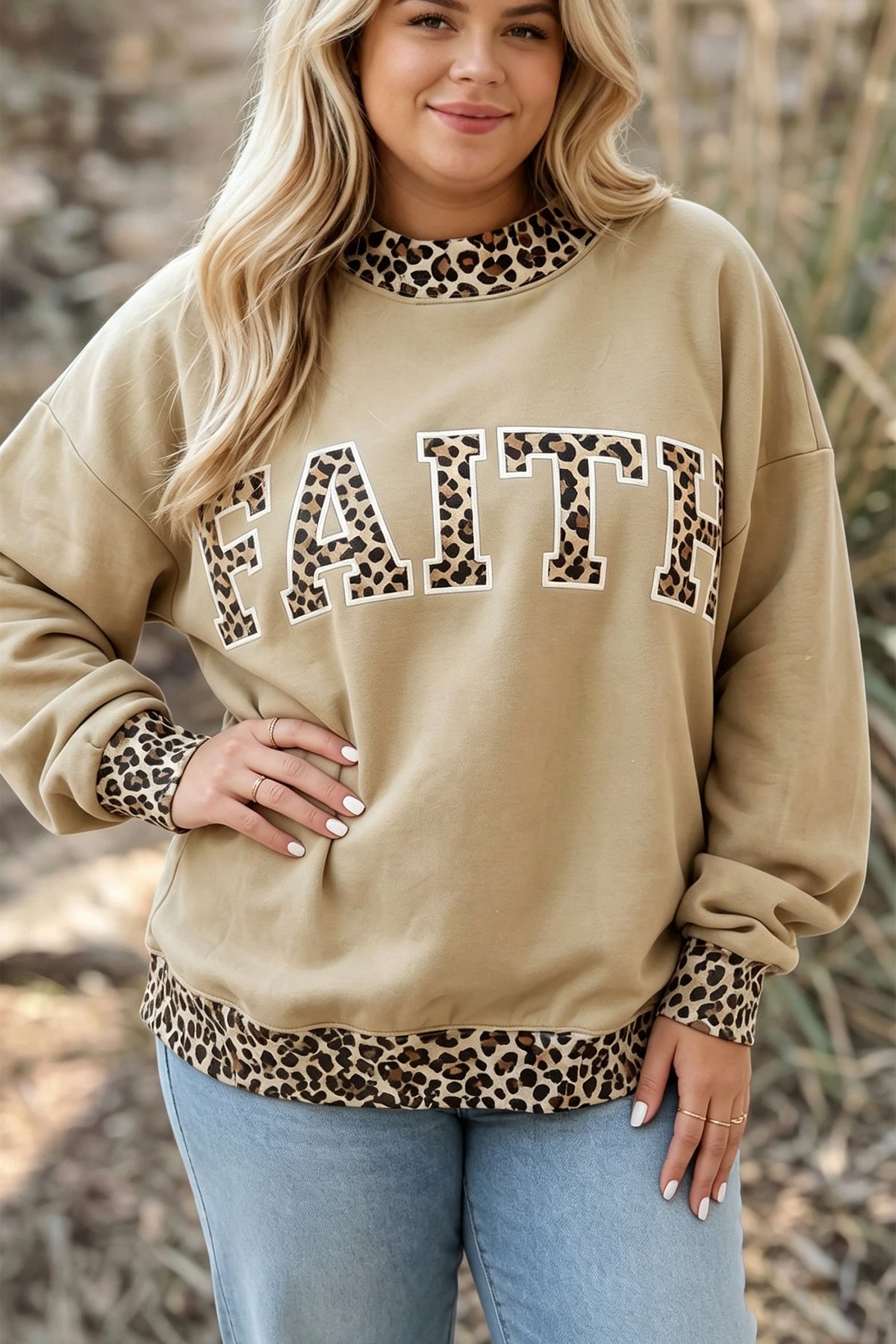 Parchment Plus Size Leopard Trim Mock Neck FAITH Graphic Sweatshirt PREORDER ETA 3 WEEKS