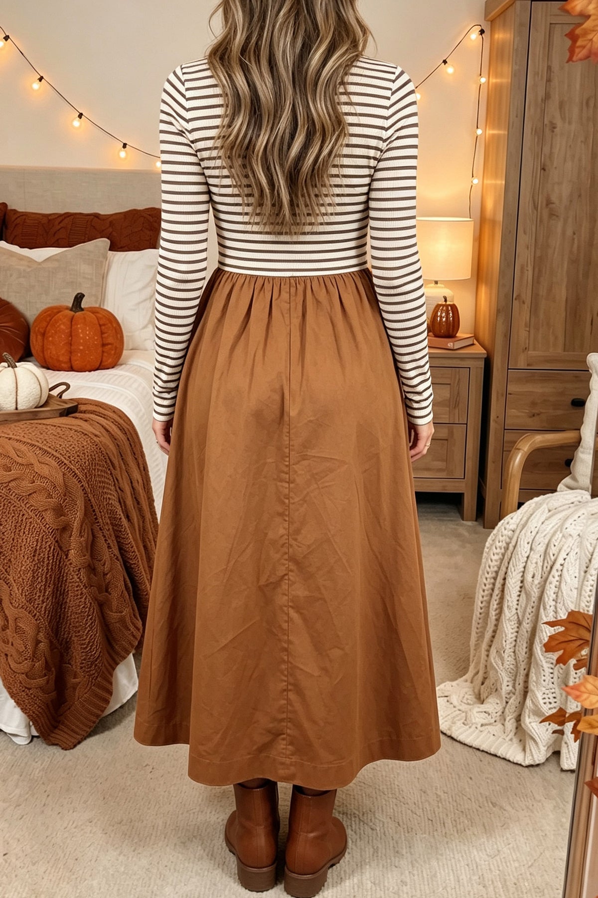 Brown Stripe Ribbed Knit Long Sleeve Bodice Contrast Patchwork Flared Dress PREODER
