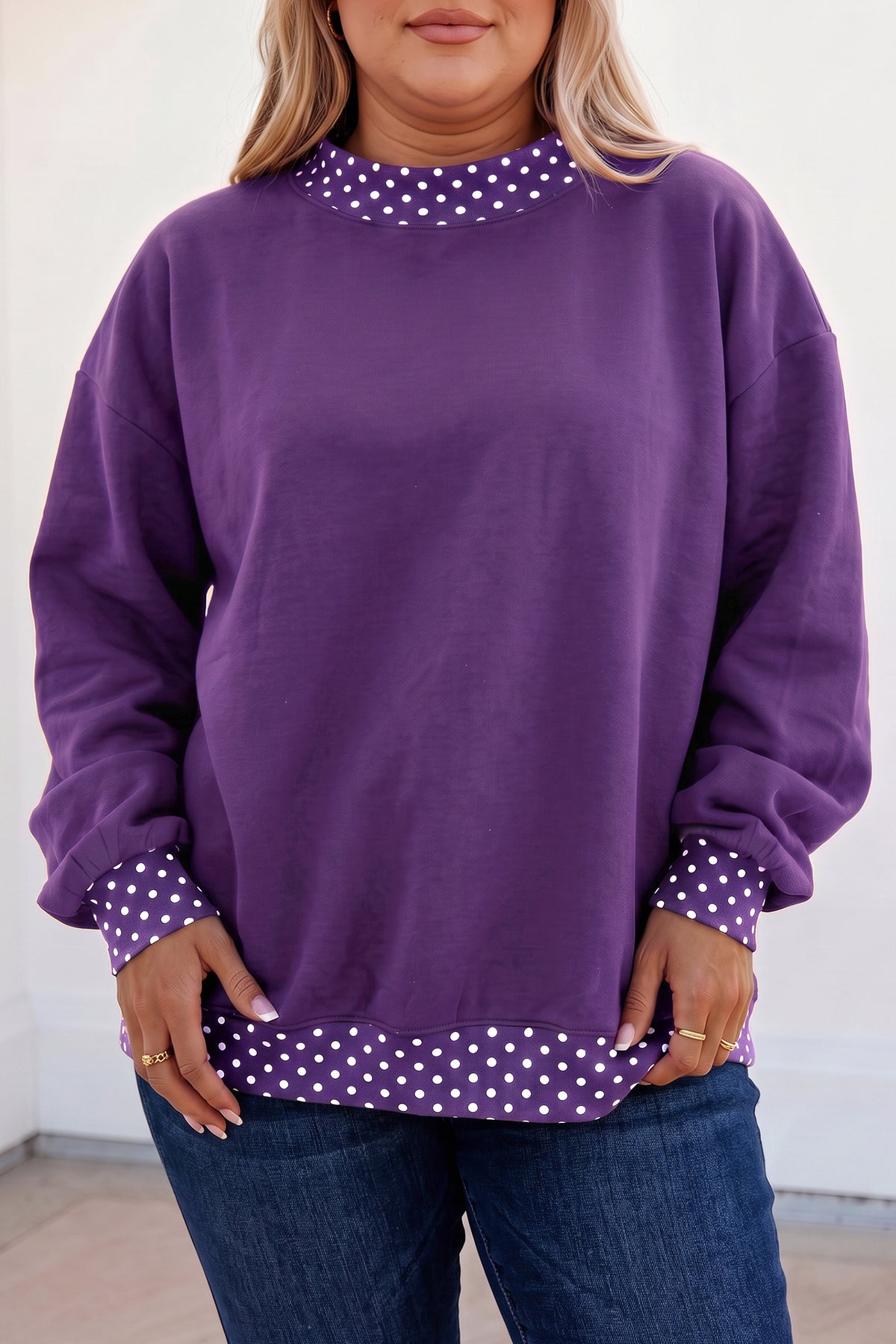 Brown Polka Dot Patchwork Round Neck Plus Size Sweatshirt PREORDER ETA 3 WEEKS