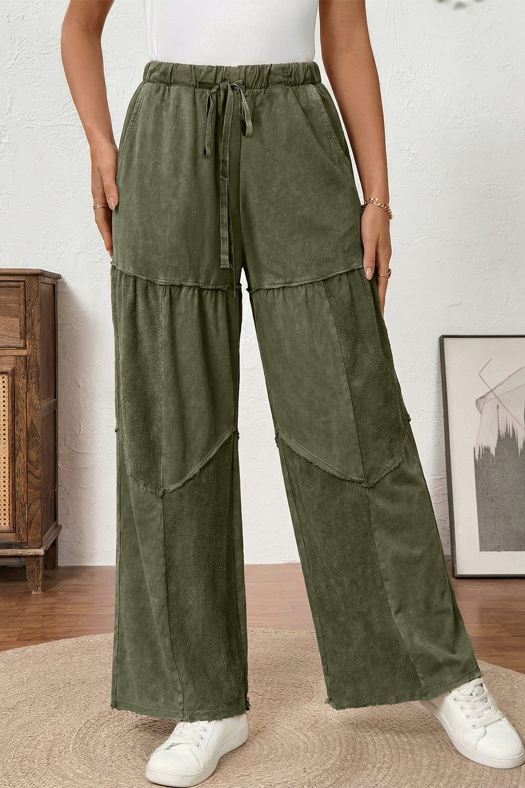 Vineyard Green Mineral Wash Tiered Wide Leg Patchwork Drawstring Pants PREORDER ETA 3 WEEKS