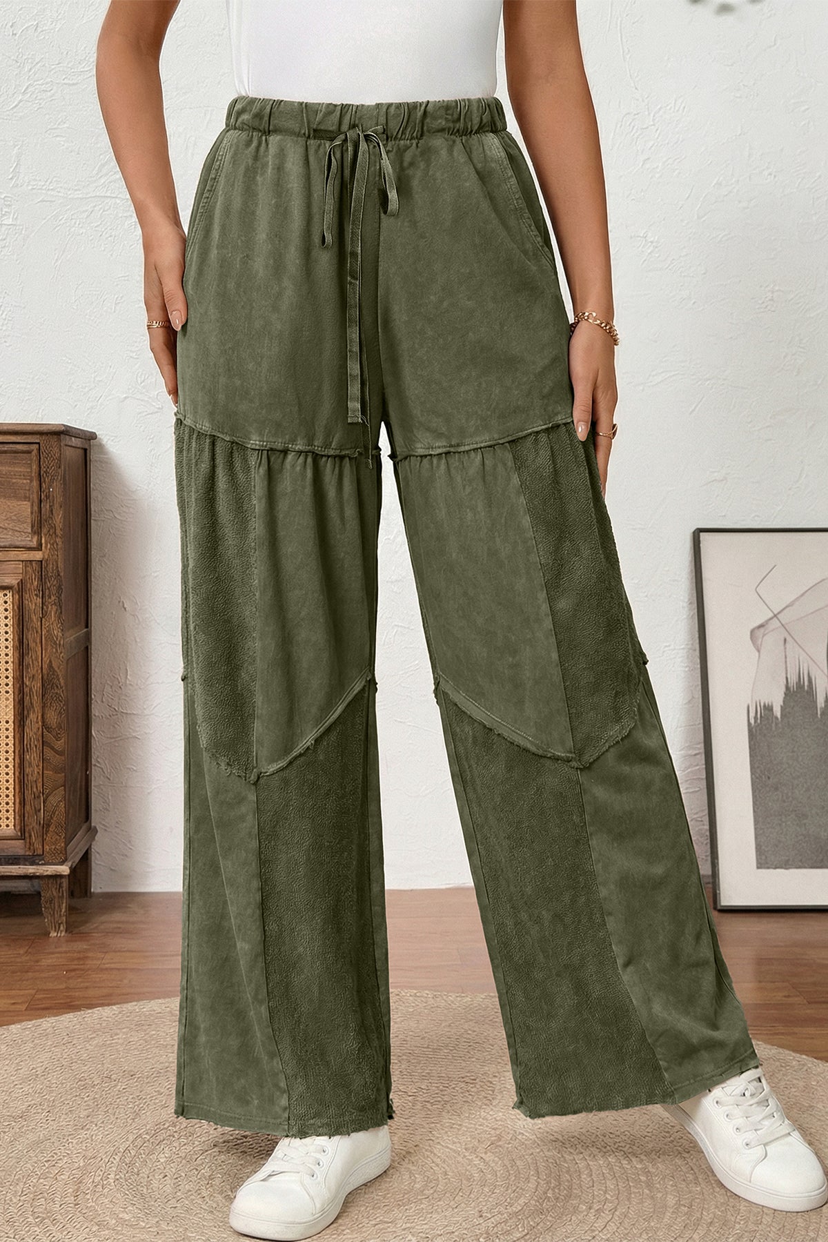 Vineyard Green Mineral Wash Tiered Wide Leg Patchwork Drawstring Pants PREORDER ETA 3 WEEKS
