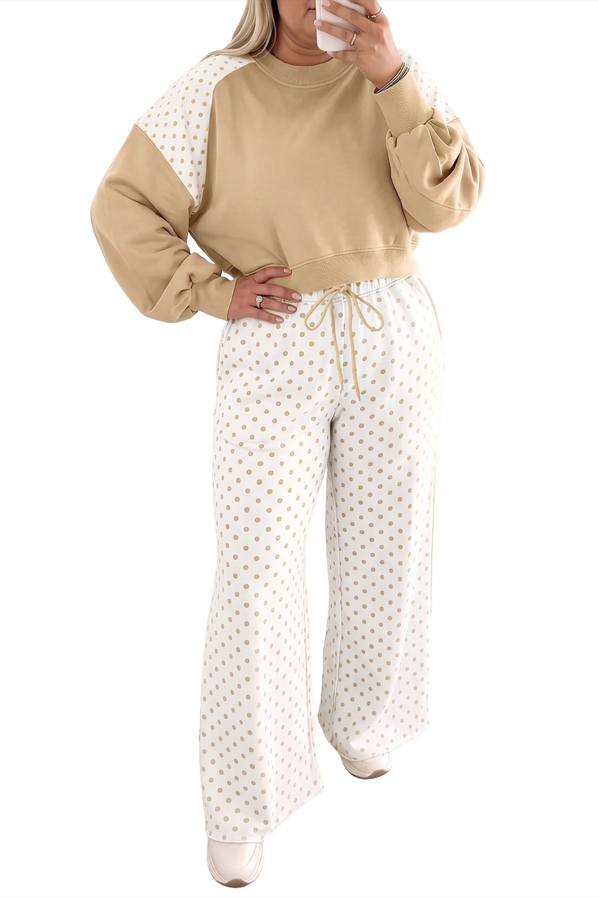 Khaki Plus Size Color Block Contrast Polka Dot Long Sleeve Top Drawstring Pants Set PREORDER ETA 3 WEEKS