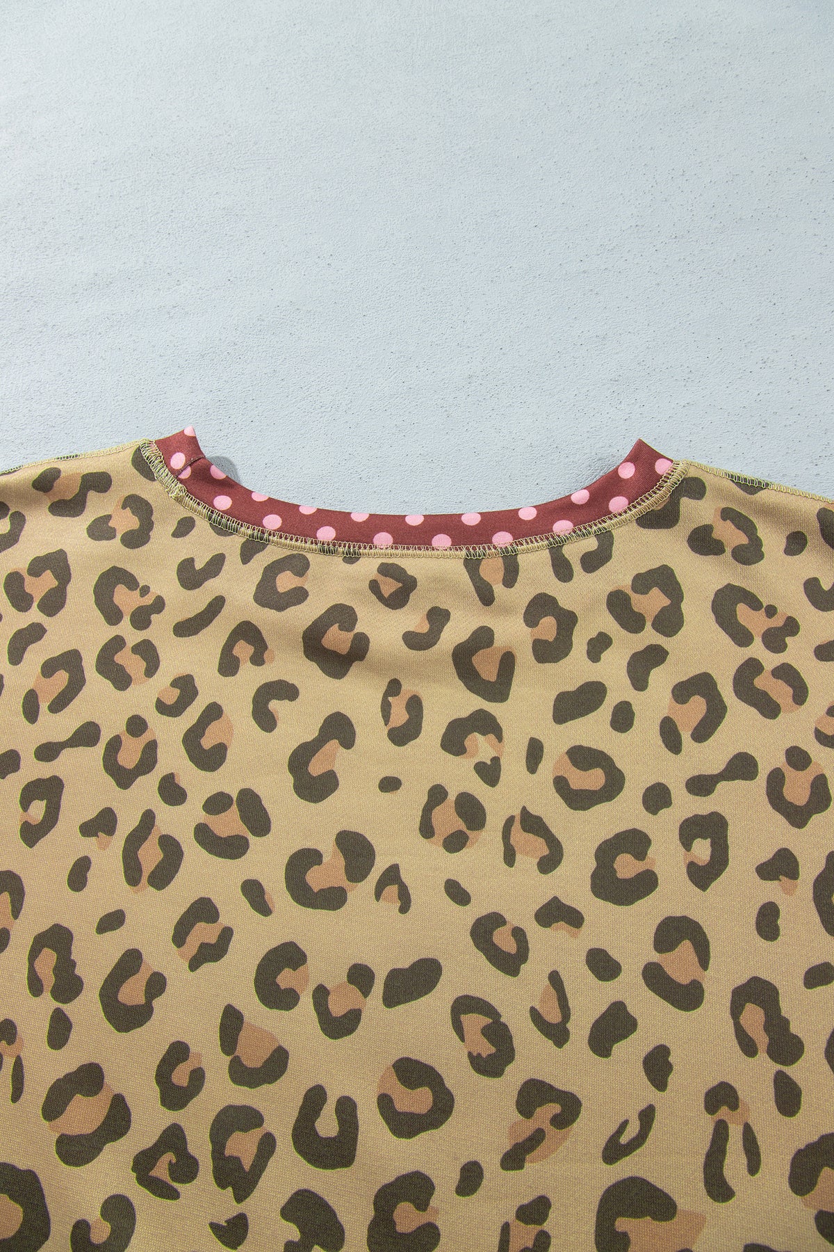 Brown Plus Size Leopard Print Contrast Polka Dot Trim Long Sleeve Top PREORDER ETA 3 WEEKS