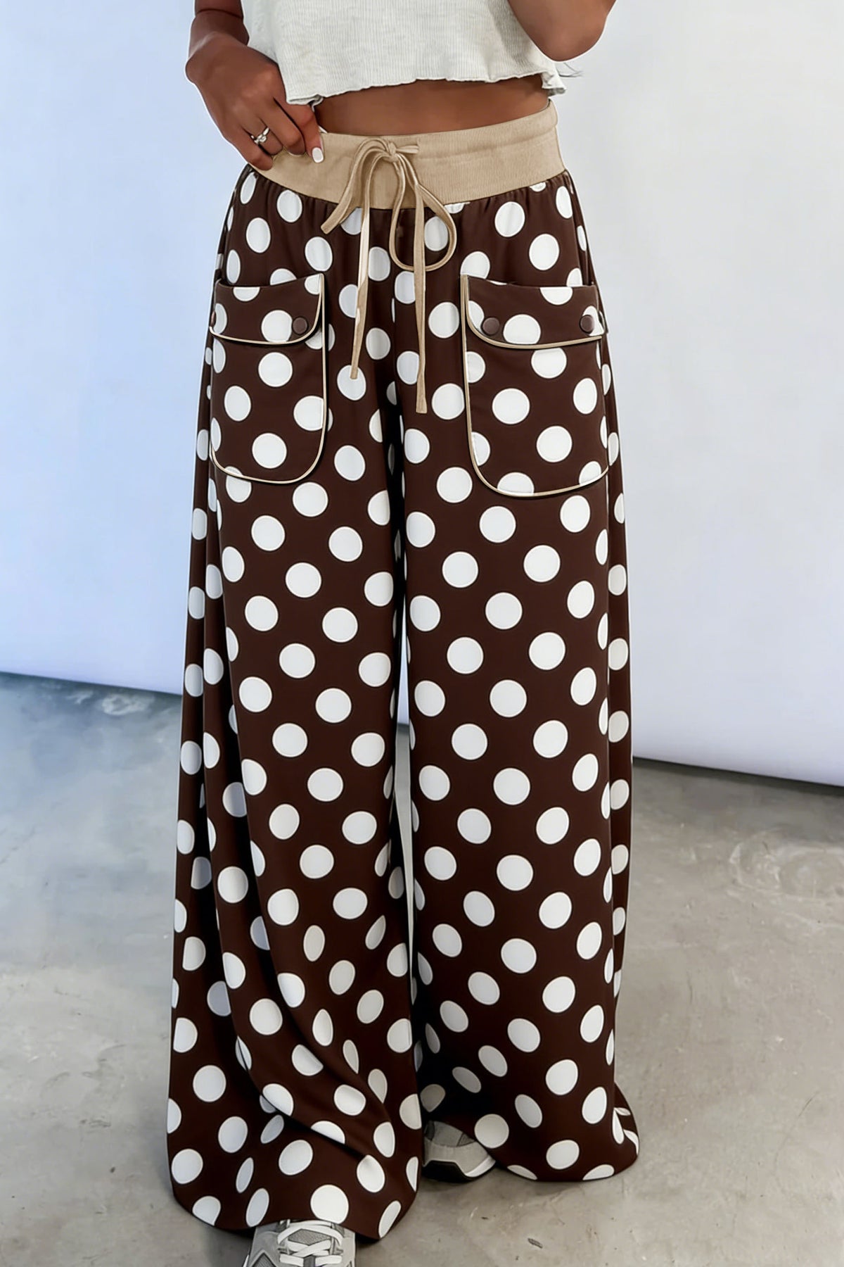 Brown Polka Dot Drawstring Pocket Wide Leg Pants PREORDER ETA 3 WEEKS