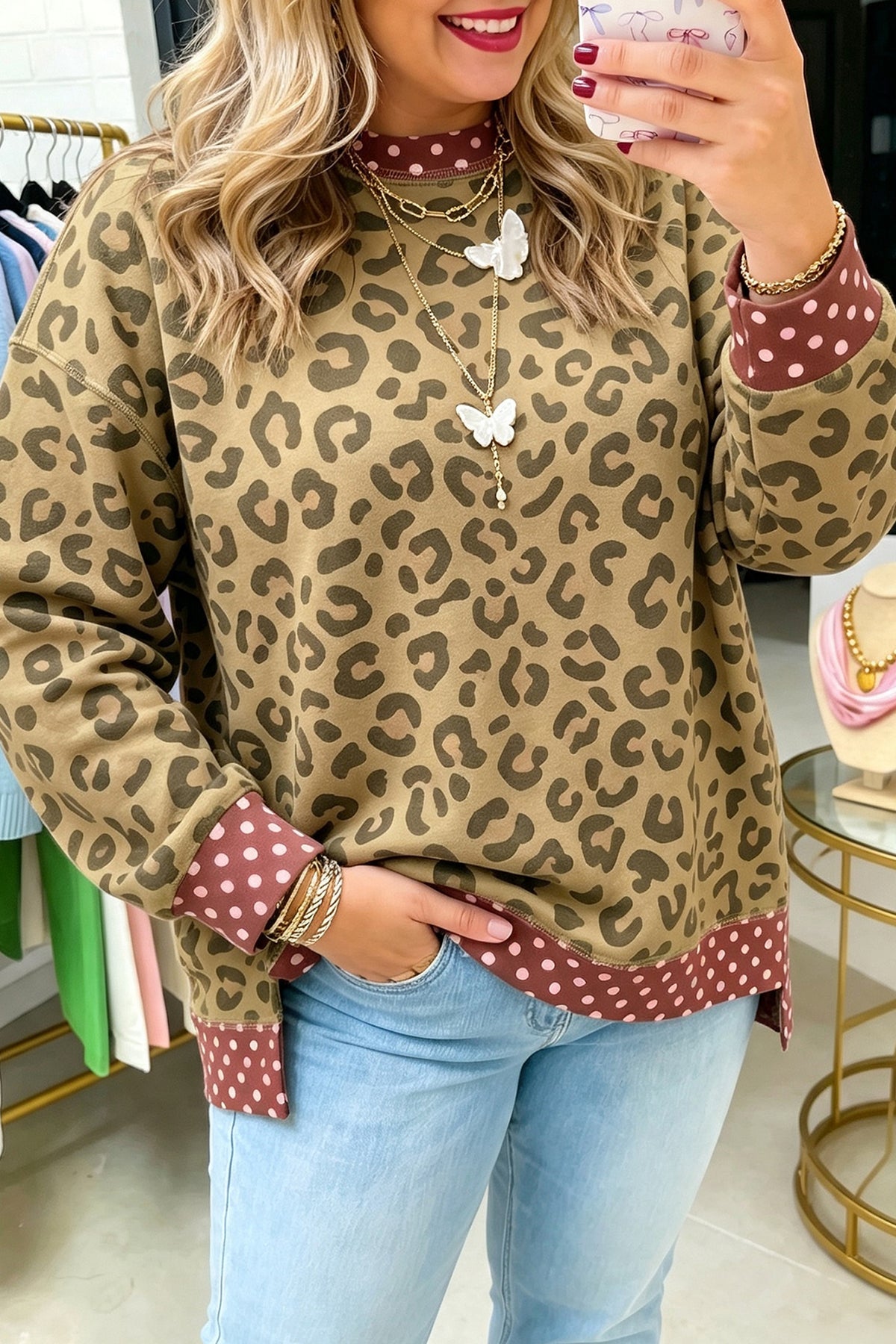 Brown Plus Size Leopard Print Contrast Polka Dot Trim Long Sleeve Top PREORDER ETA 3 WEEKS