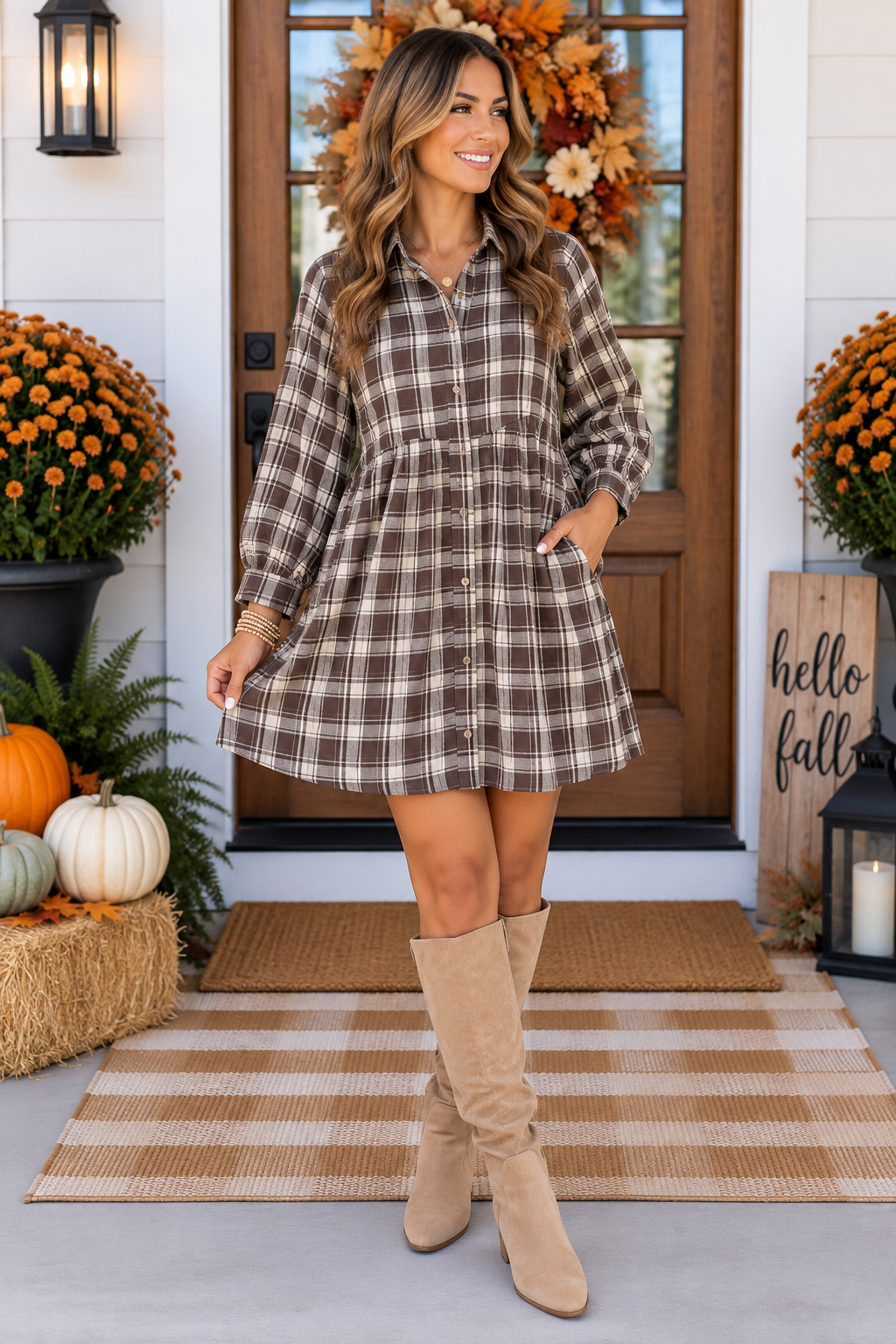 Brown Plaid Long Sleeve Short Shift Mini Dress PREORDER ETA 3 WEEKS