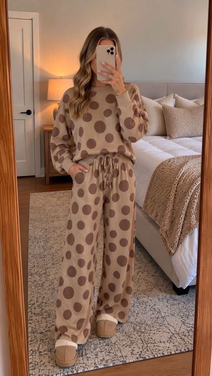 Khaki Polka Dot Long Sleeve Top Drawstring Relaxed Pants Set PREORDER ETA 3 WEEKS
