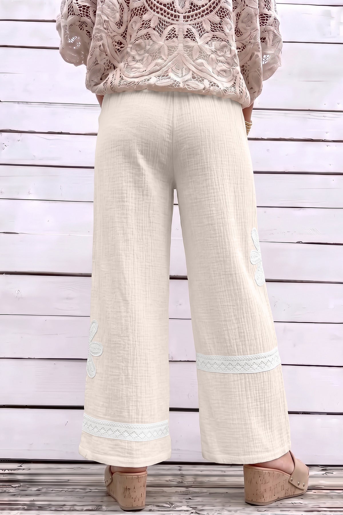 White Floral Lace Patchwork Boho Wide Leg Casual Pants PREORDER ETA 3 WEEKS
