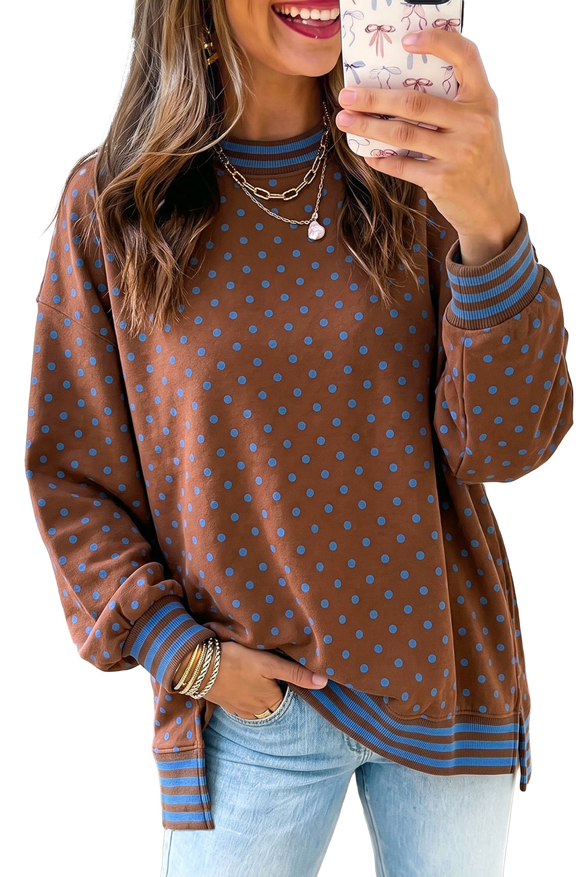 Brown Polka Dot Striped Trim Split Hem Casual Tunic Pullover Sweatshirt PREORDER ETA 3 WEEKS