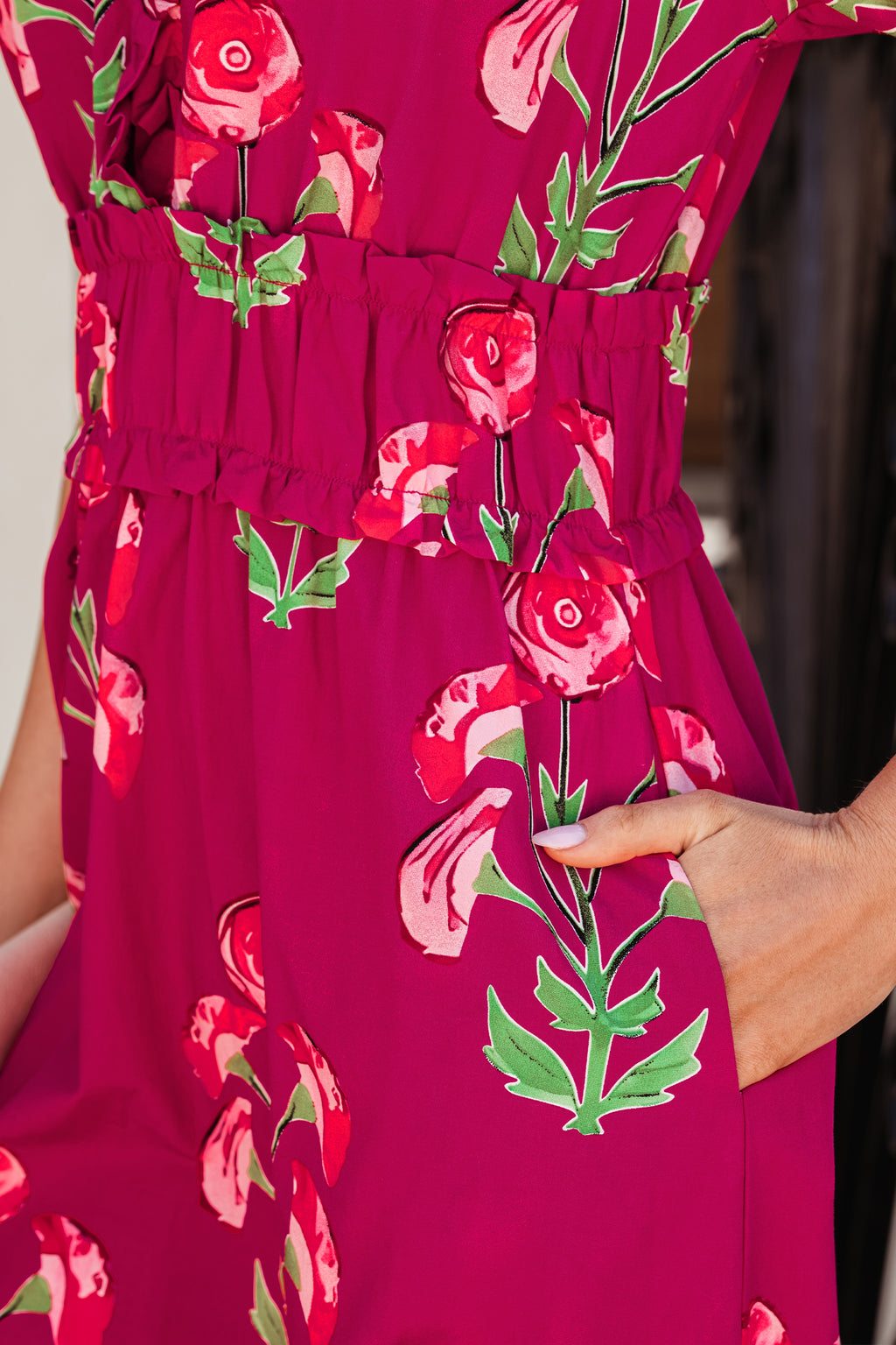 Red Floral Print Frilled V Neck Short Sleeve Ruffle Maxi Dress PREORDER ETA 3 WEEKS
