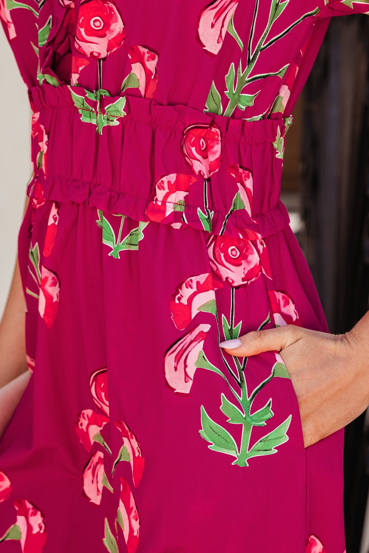 Red Floral Print Frilled V Neck Short Sleeve Ruffle Maxi Dress PREORDER ETA 3 WEEKS