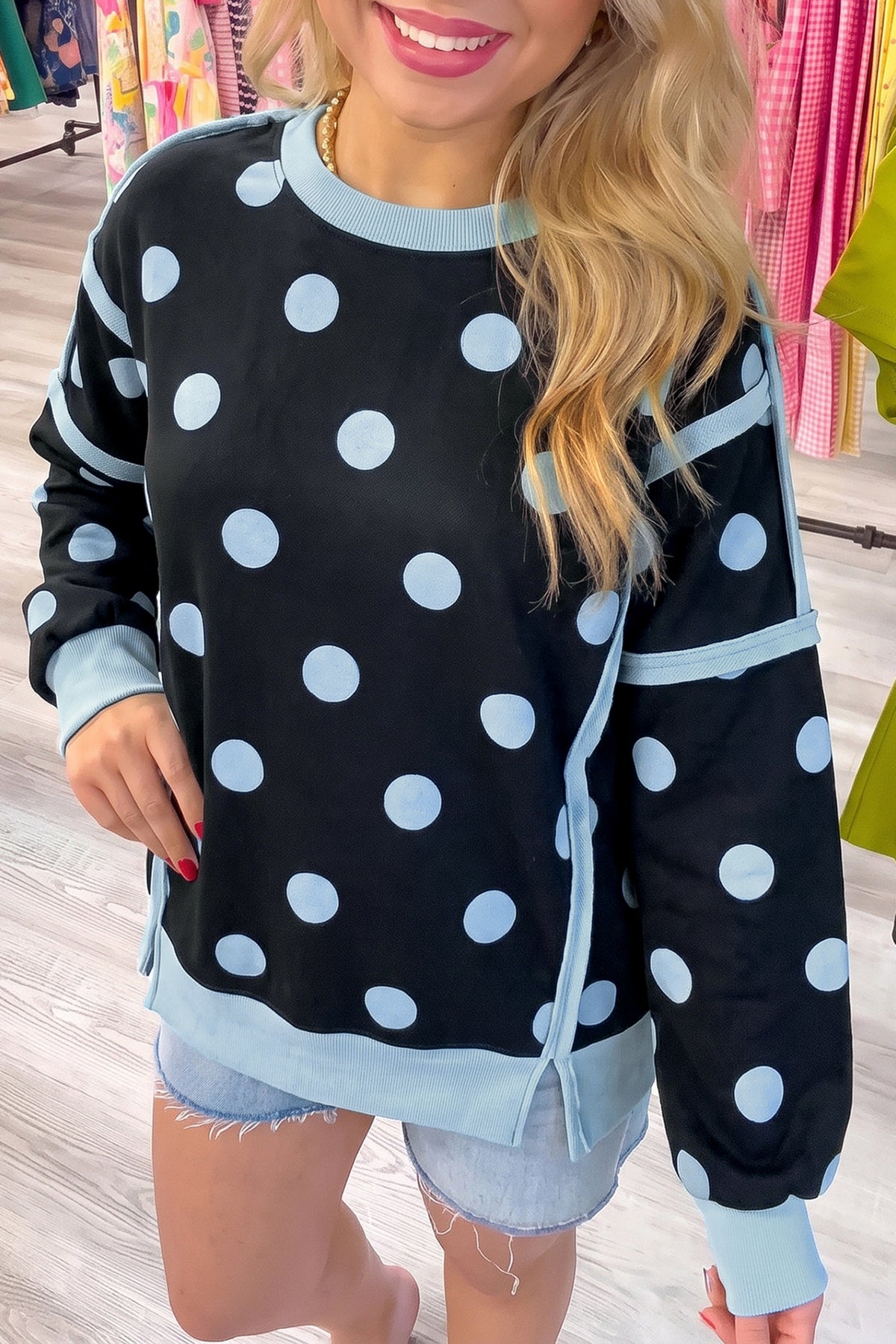 Black Polka Dot Contrast Patchwork Round Neck Baggy Sweatshirt PREORDER ETA 3 WEEKS
