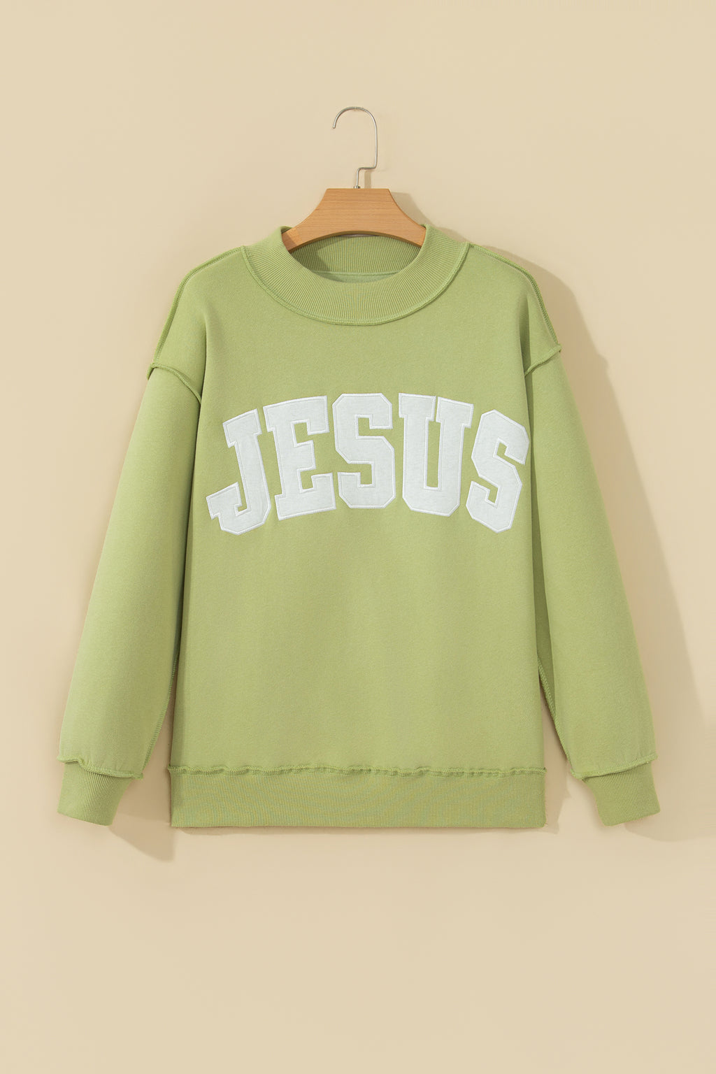 Meadow Mist Green JESUS Letter Patch Graphic Exposed Seam Mock Neck Baggy Sweatshirt PREORDER ETA 3 WEEKS