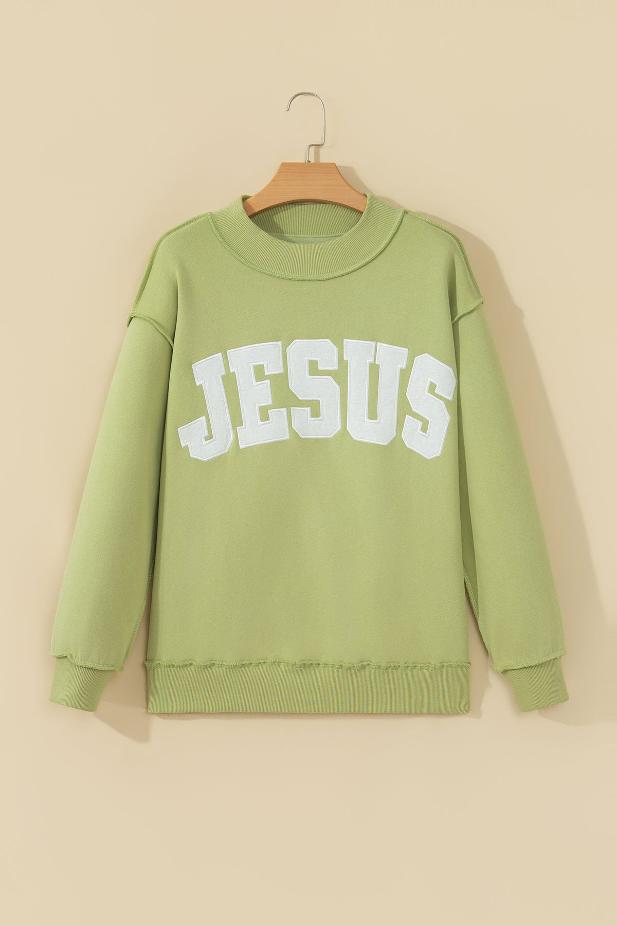 Meadow Mist Green JESUS Letter Patch Graphic Exposed Seam Mock Neck Baggy Sweatshirt PREORDER ETA 3 WEEKS