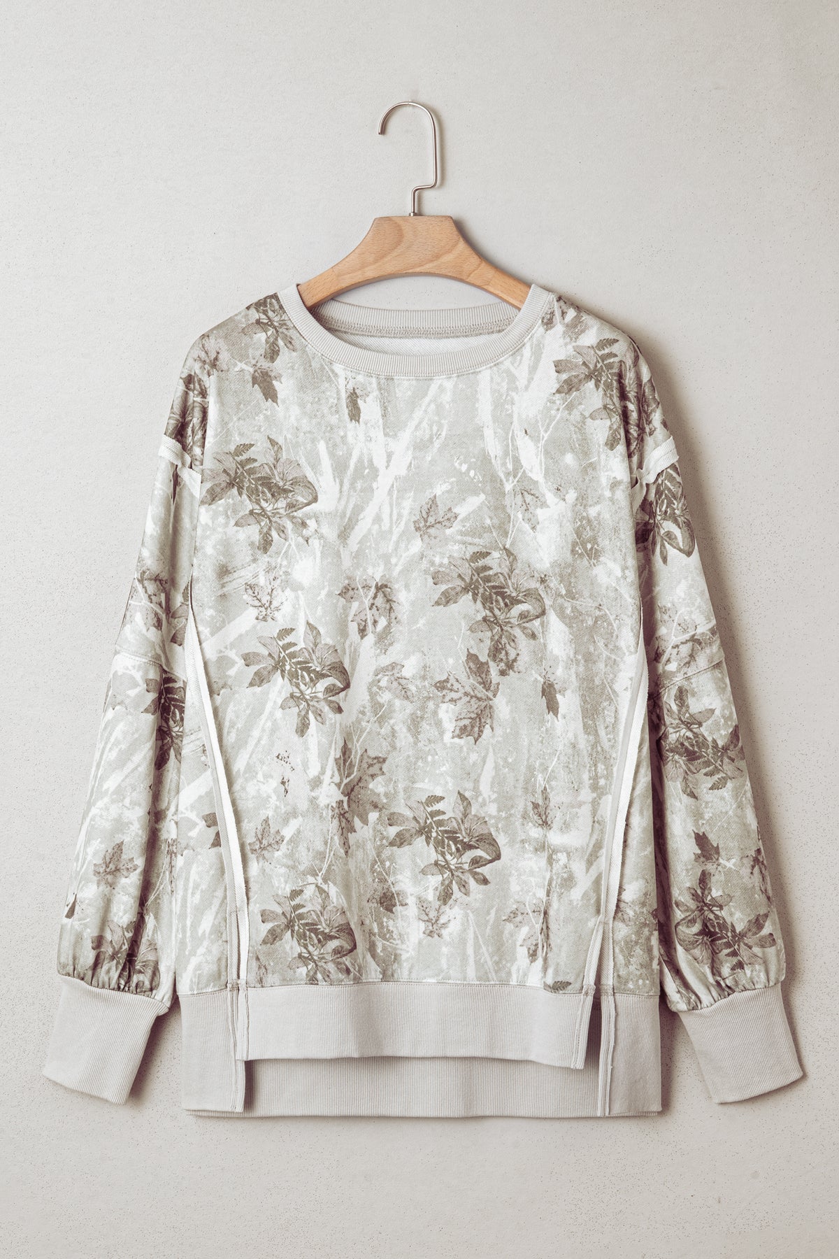 Gray Leafy Camo Print Exposed Seam Patchwork Baggy Slit Sweatshirt