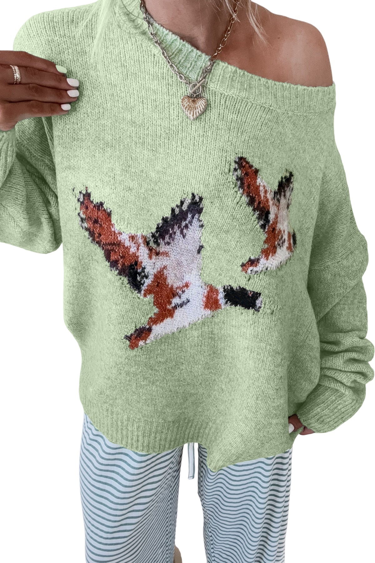 Green Wild Mallard Drop Shoulder Round Neck Long Sleeve Pullover Sweater PREORDER ETA 3 WEEKS