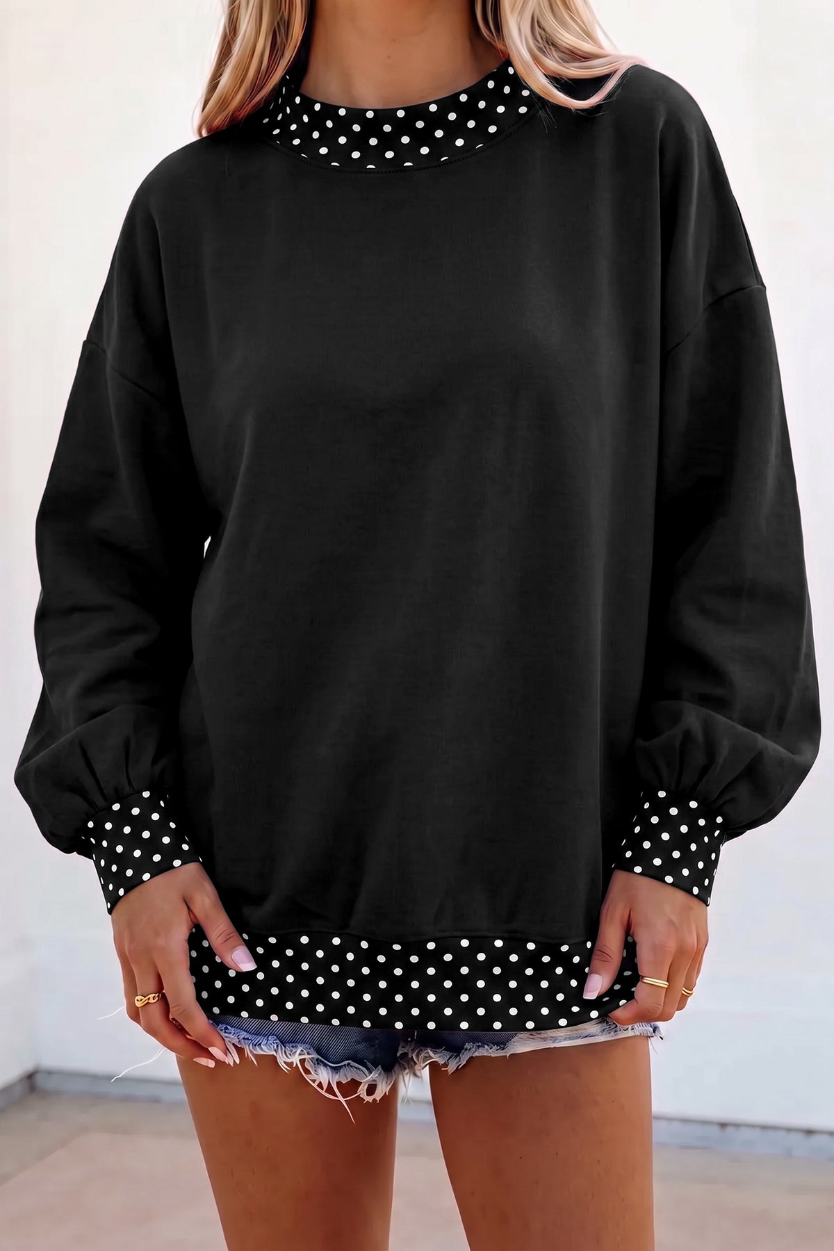 Black Colorblock Polka Dot Contrast Trim Oversized Sweatshirt PREORDER ETA 3 WEEKS