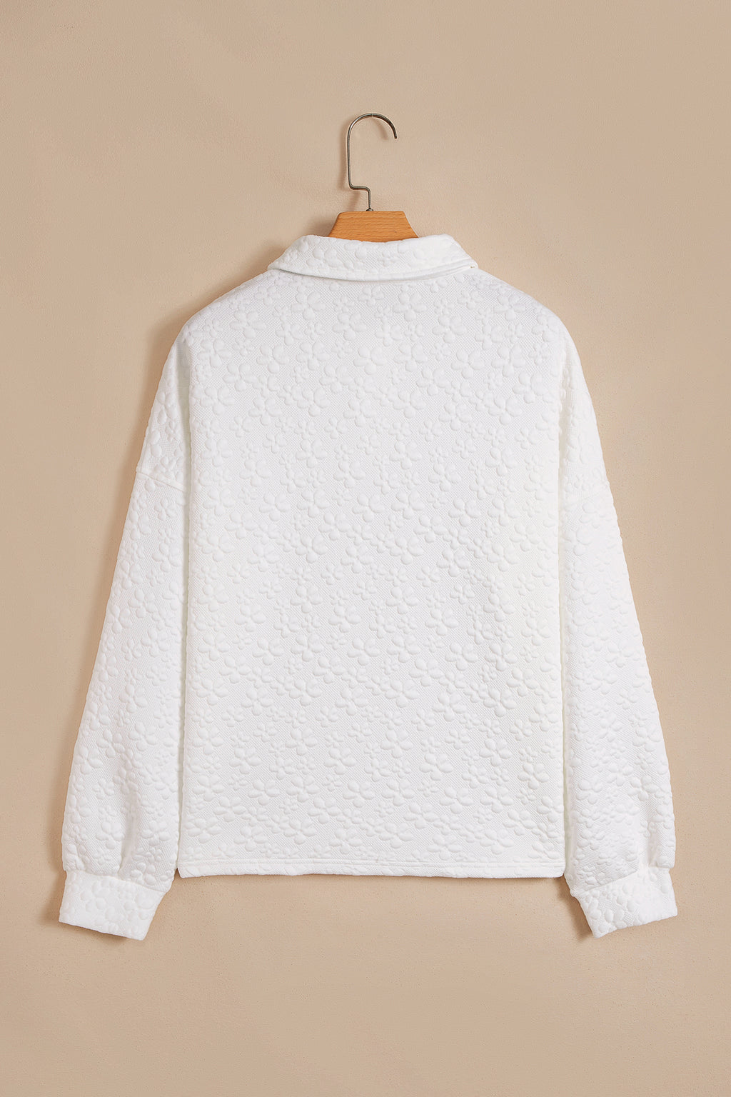 White Solid Color Textured Relaxed Button Collar Pullover Sweatshirt PREORDER ETA 3 WEEKS