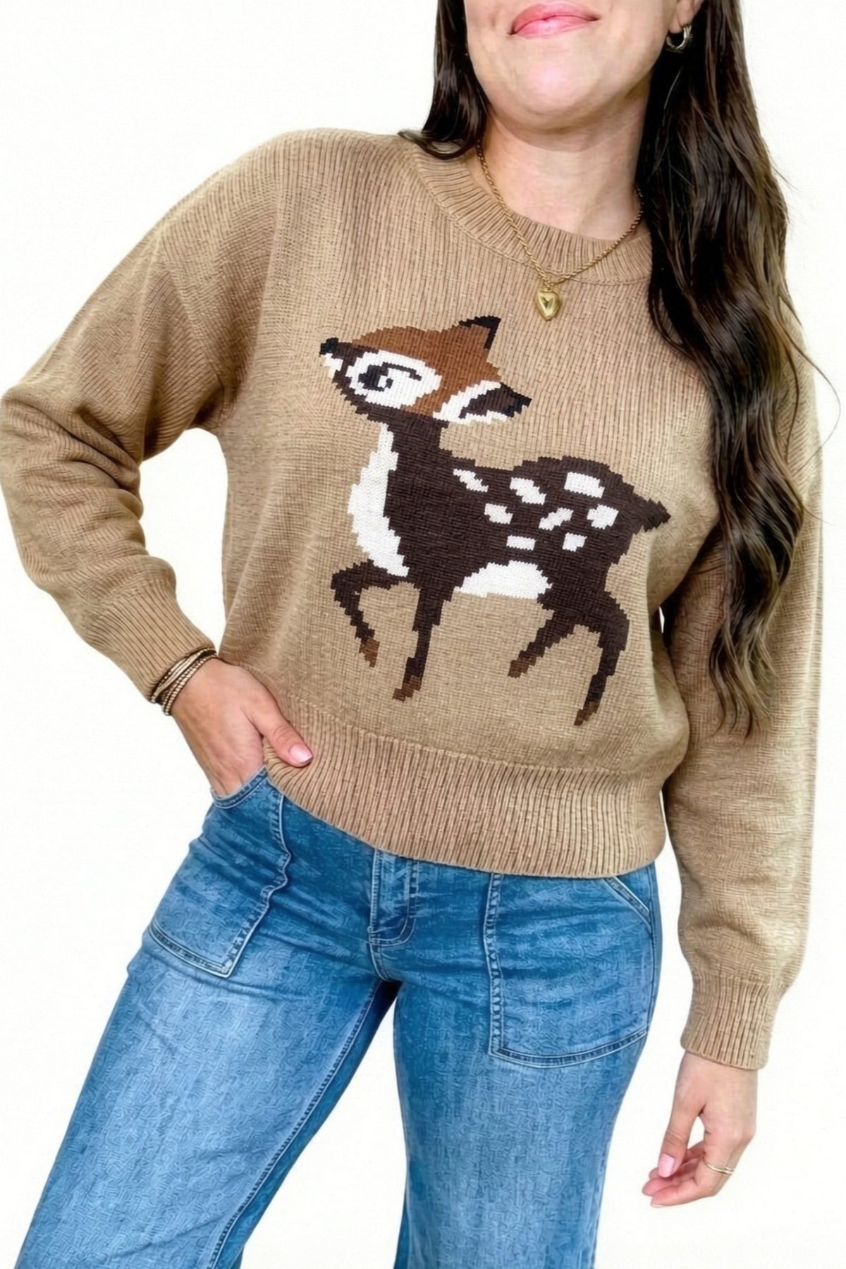 Light French Beige Cute Deer Pattern Round Neck Casual Pullover Sweater PREORDER ETA 3 WEEKS