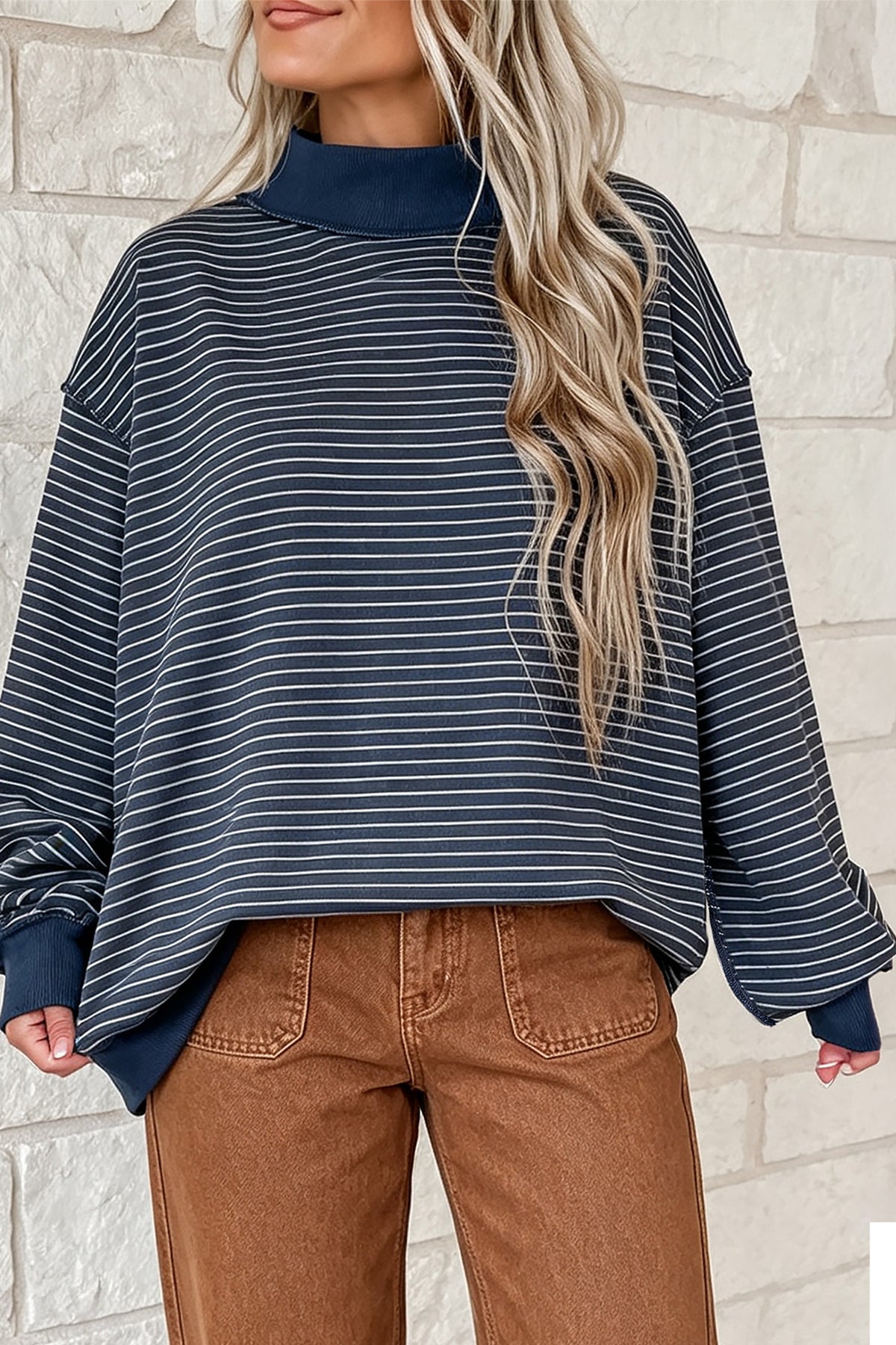 Blue Stripe Ribbed Color Block Mock Neck Oversized Sweatshirt PREORDER ETA 3 WEEKS