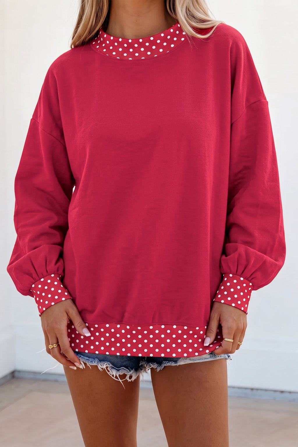 Red Dahlia Colorblock Polka Dot Contrast Trim Oversized Sweatshirt PREORDER ETA 3 WEEKS