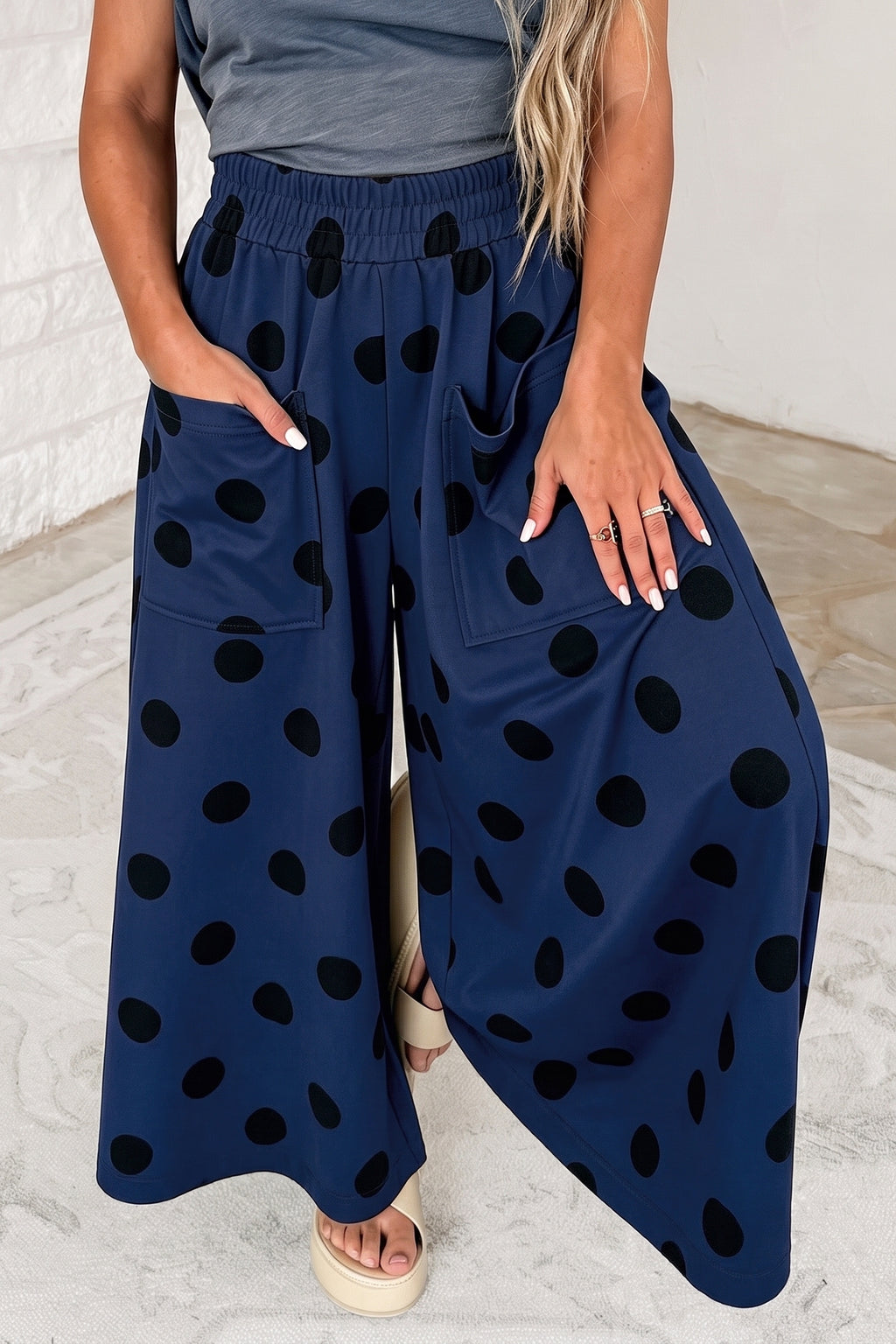 Sail Blue Polka Dot Wide Leg Elastic Waist Casual Pants PREORDER ETA 3 WEEKS