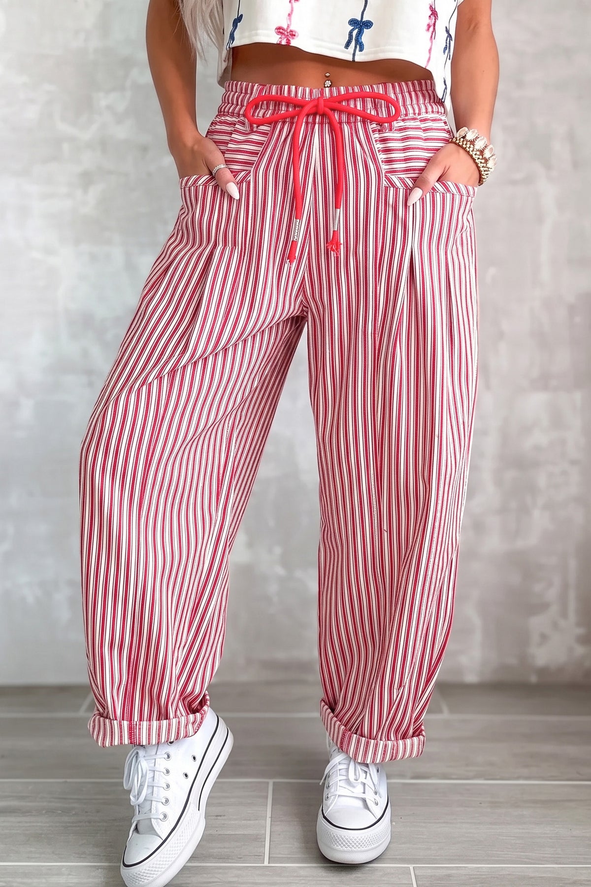 Red Stripe Drawstring Casual Loose Pants PREORDER ETA 3 WEEKS