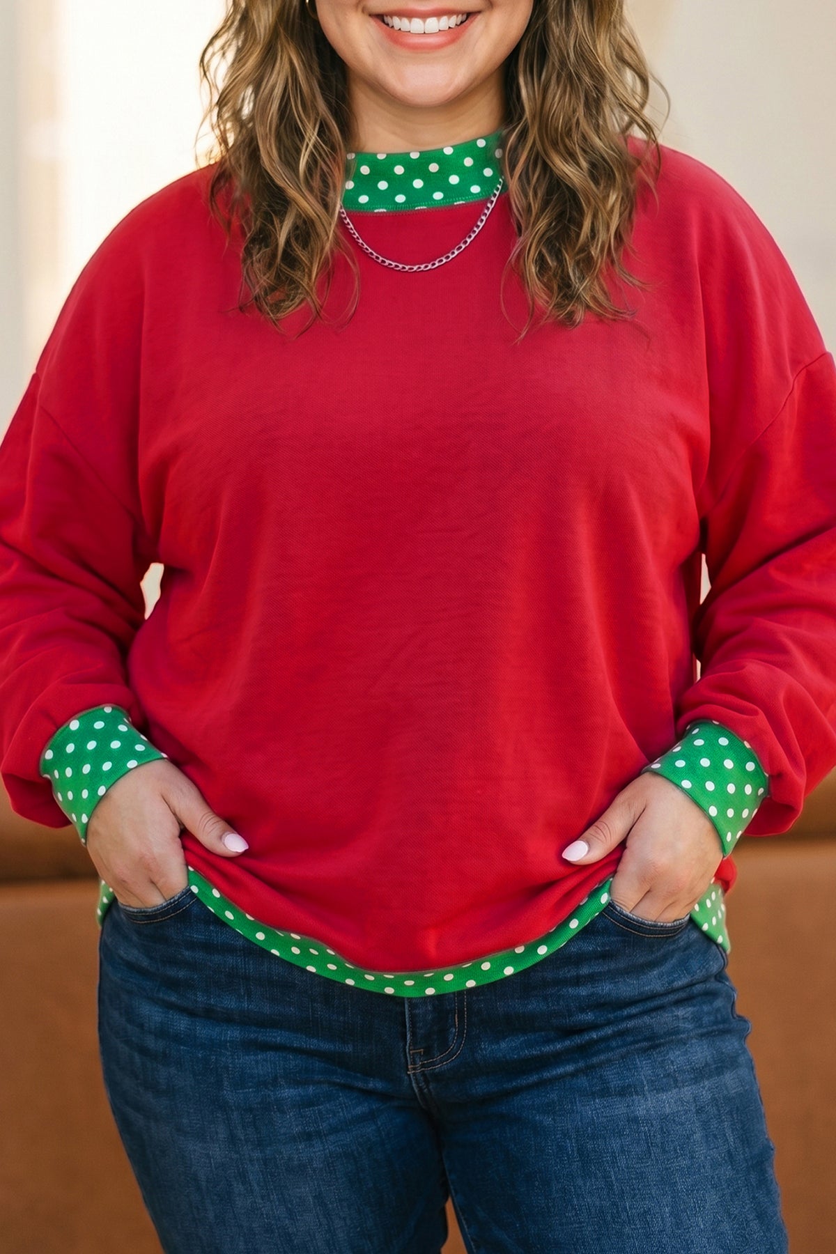 Brown Polka Dot Patchwork Round Neck Plus Size Sweatshirt PREORDER ETA 3 WEEKS