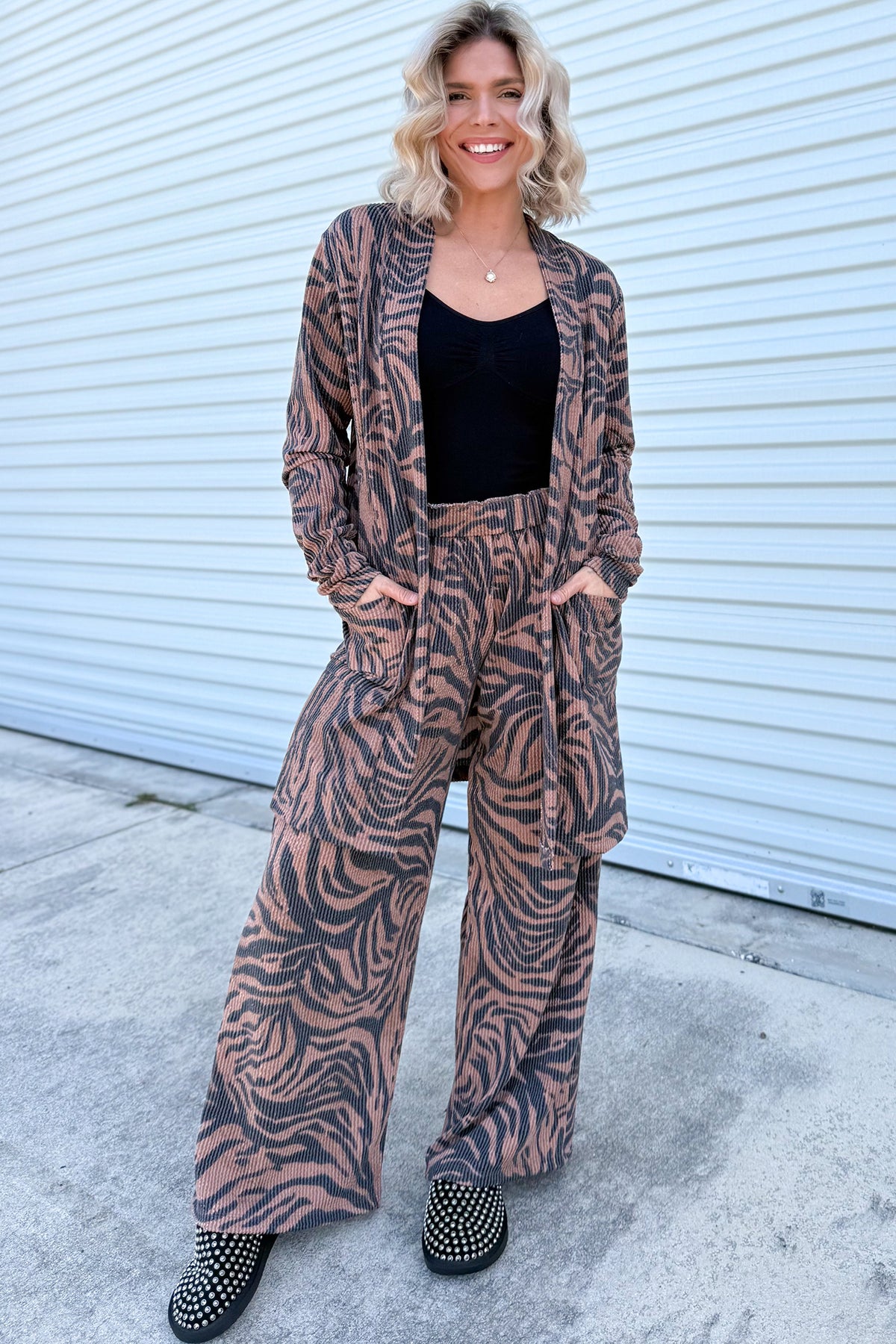 Khaki Twisted Ribbed Zebra Print Open Cardigan Wide Leg Pant Set PREORDER ETA 3 WEEKS
