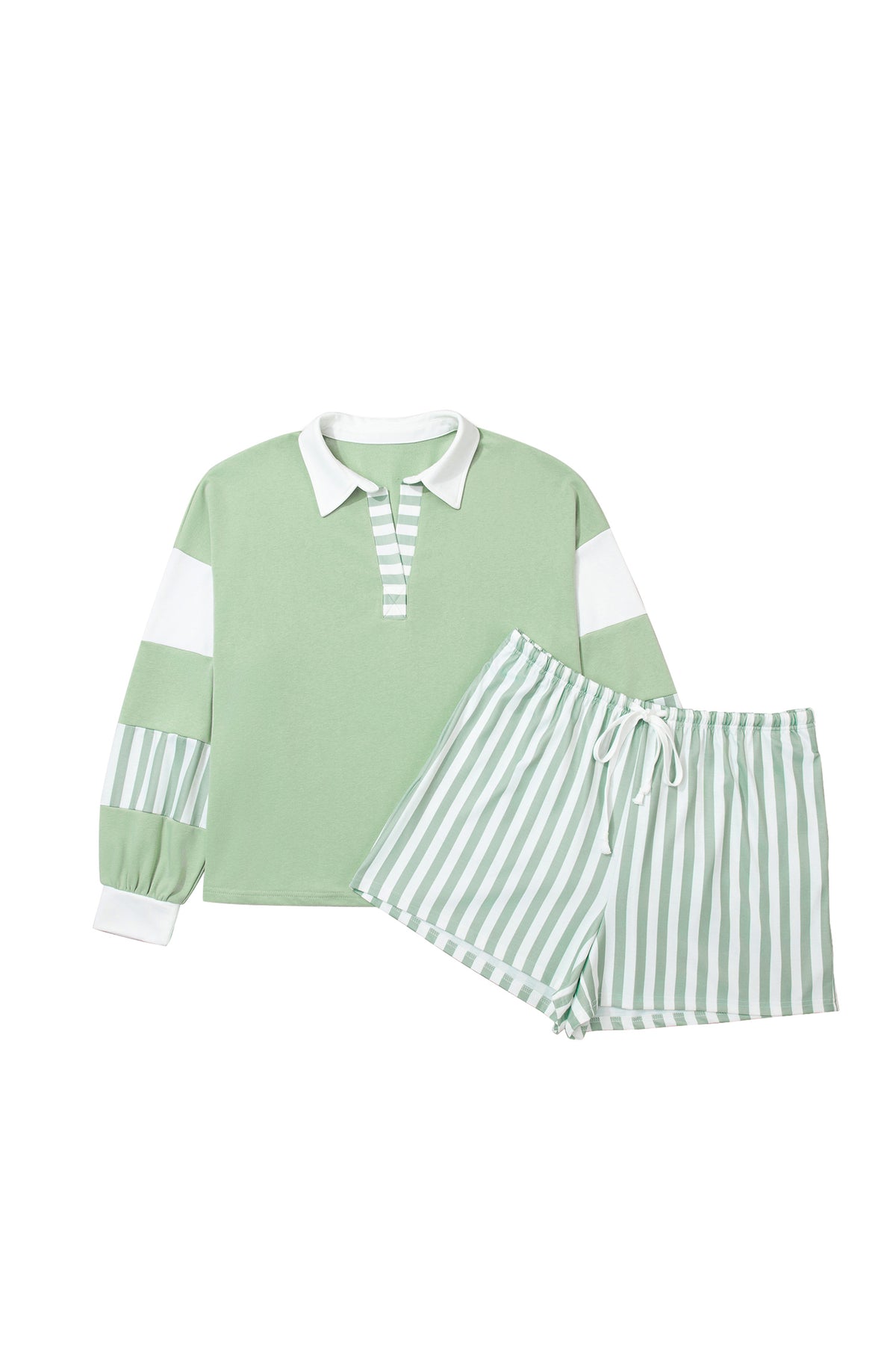 Green Striped Patchwork V Neck Two Piece Shorts Plus Size Set PREORDER ETA 3 WEEKS