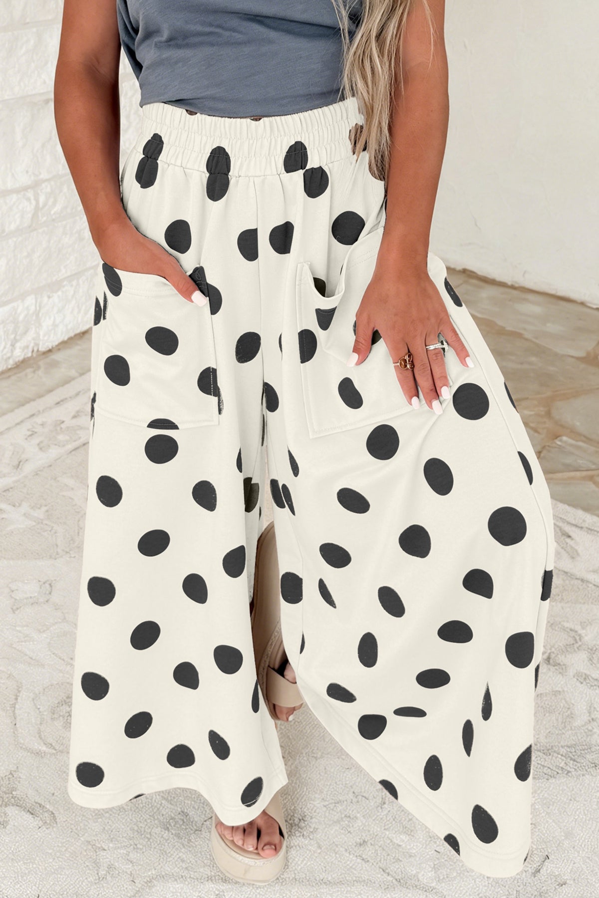 Beige Polka Dot Wide Leg Elastic Waist Casual Pants PREORDER ETA 3 WEEKS