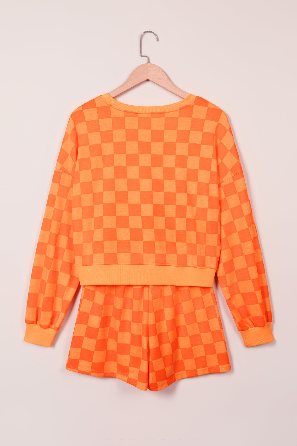 Orange Plaid Checkered Long Sleeve Crop Top Elastic Waist Shorts Two Piece Set PREORDER ETA 3 WEEKS