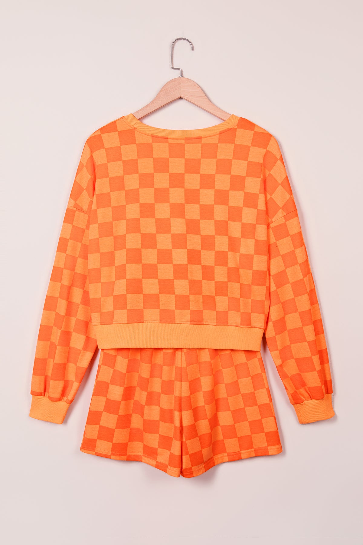 Orange Plaid Checkered Long Sleeve Crop Top Elastic Waist Shorts Two Piece Set PREORDER ETA 3 WEEKS