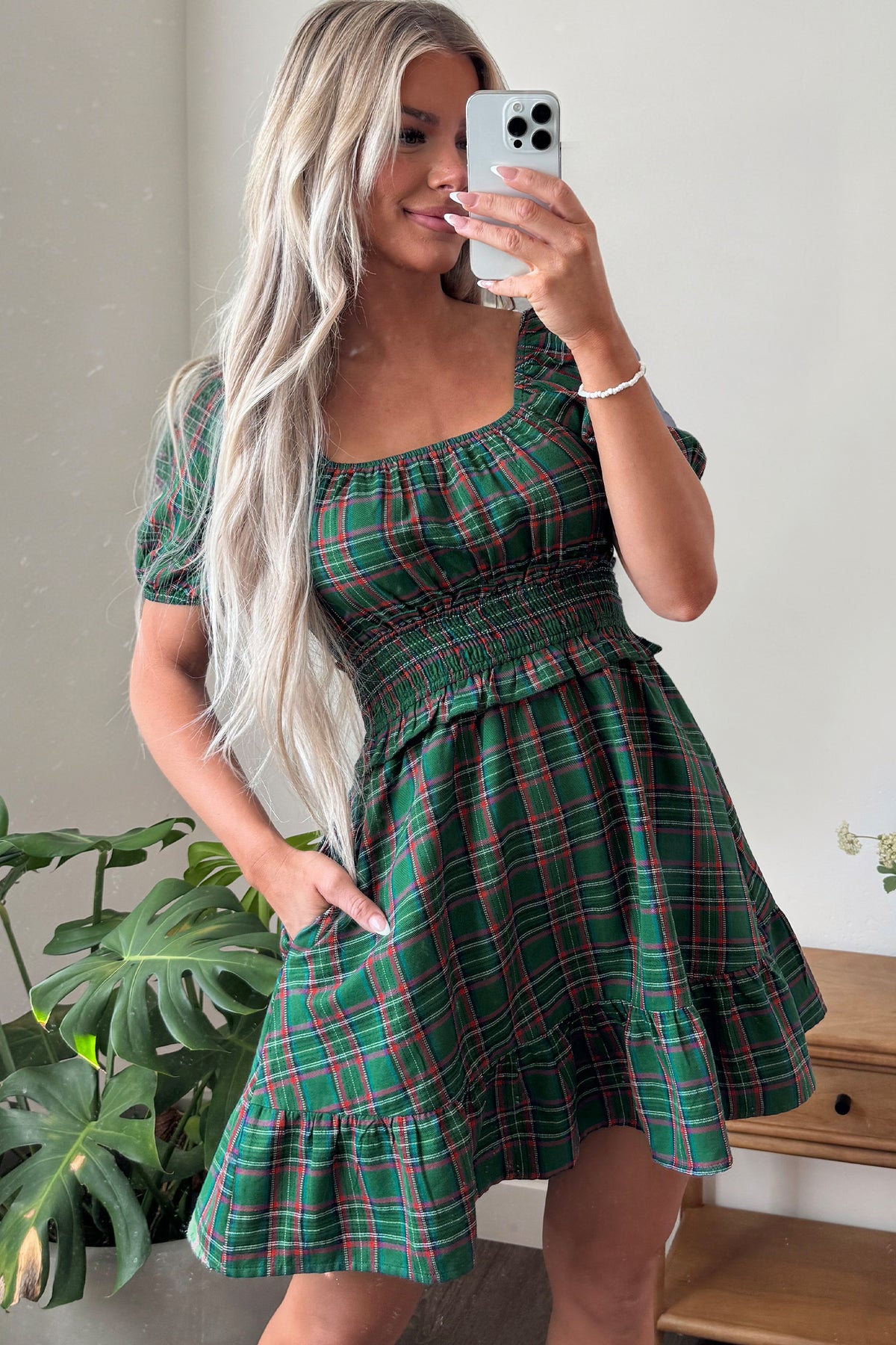 Green Plaid Shirred U Neck Short Sleeve Mini Dress PREORDER ETA 3 WEEKS