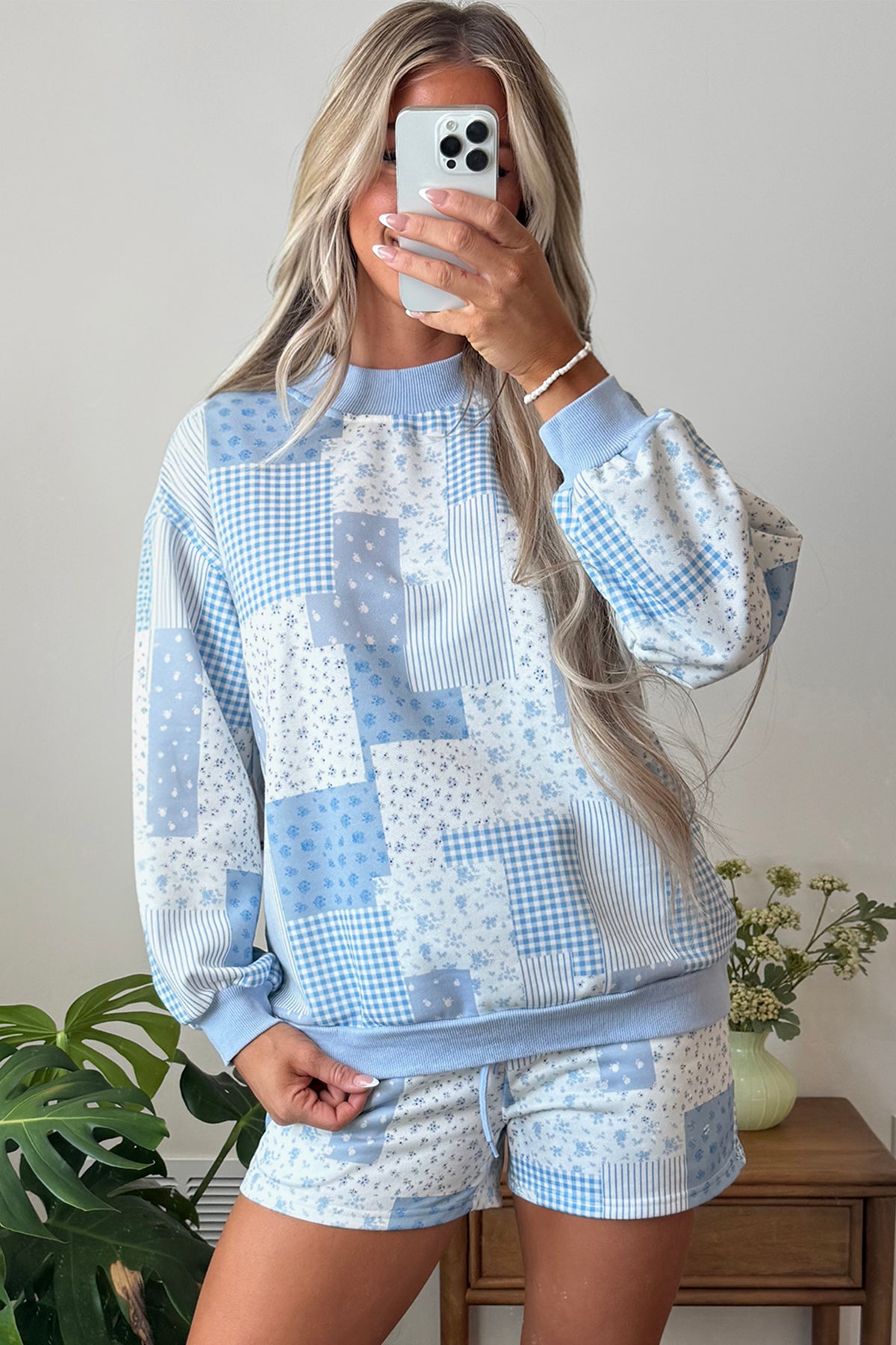 Sky Blue Patchwork Floral Print Drop Shoulder Baggy Pullover Drawstring Shorts Set PREORDER ETA 3 WEEKS