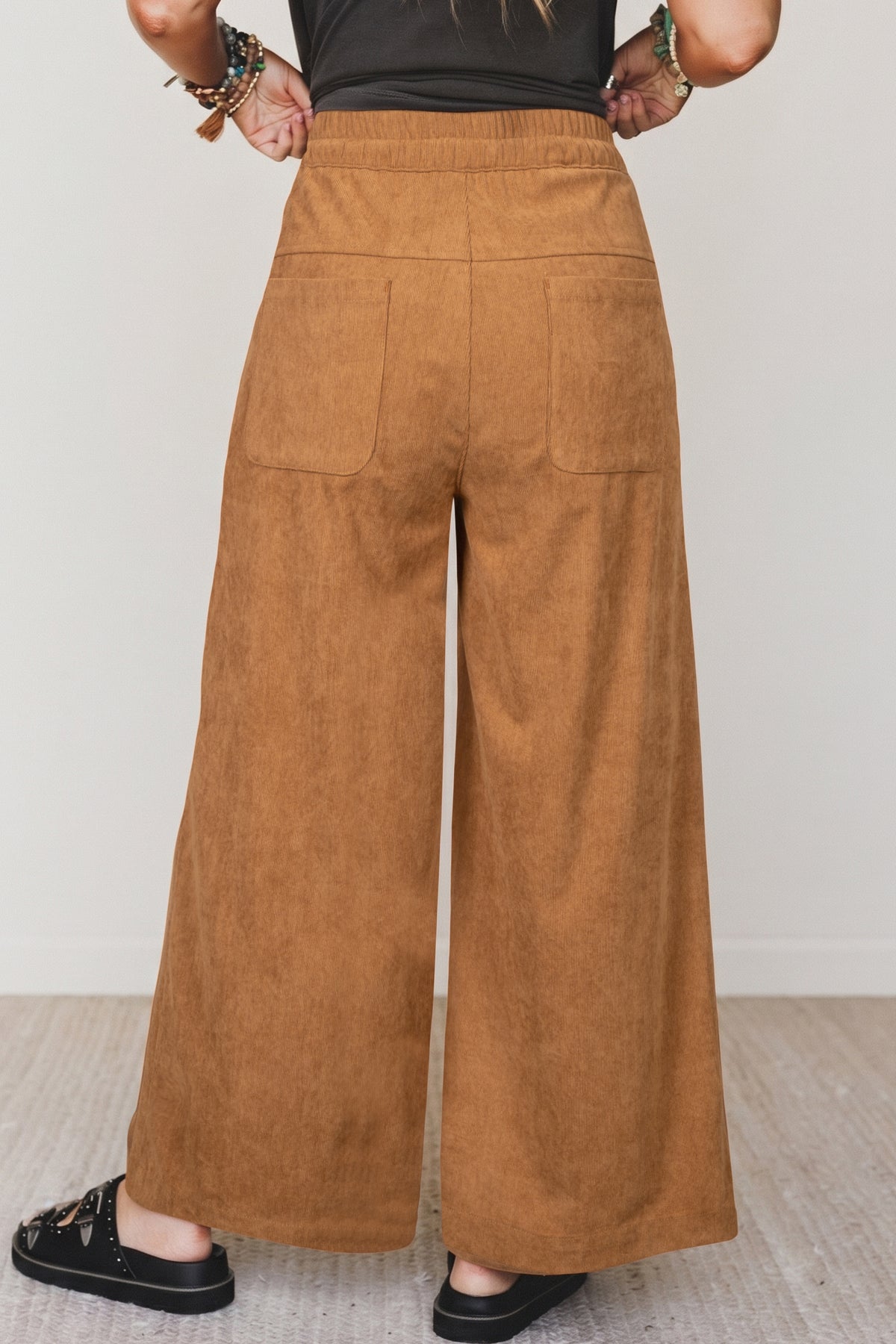 Thai Curry Elastic Waist Wooden Button Placket Ankle Length Wide Leg Pants PREORDER ETA 3 WEEKS