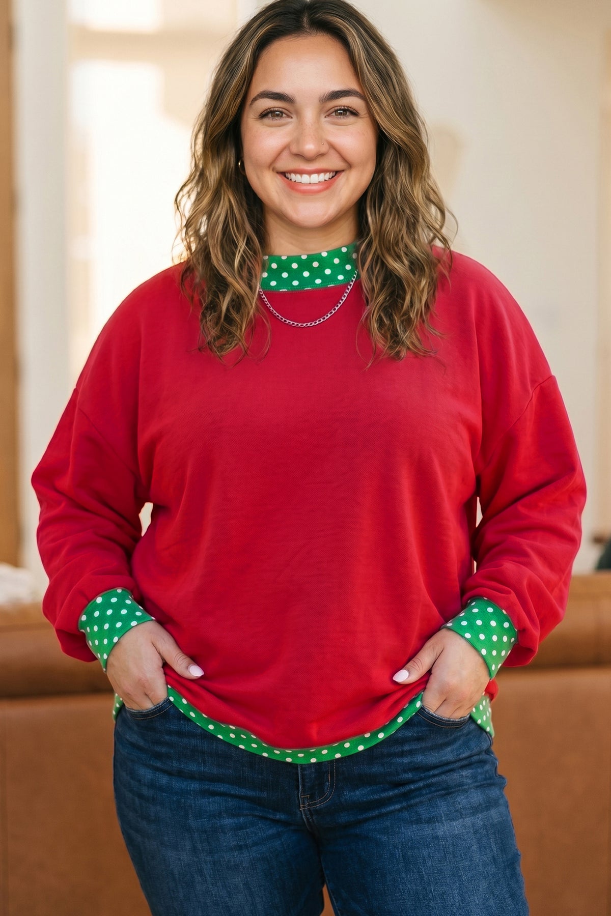 Brown Polka Dot Patchwork Round Neck Plus Size Sweatshirt PREORDER ETA 3 WEEKS