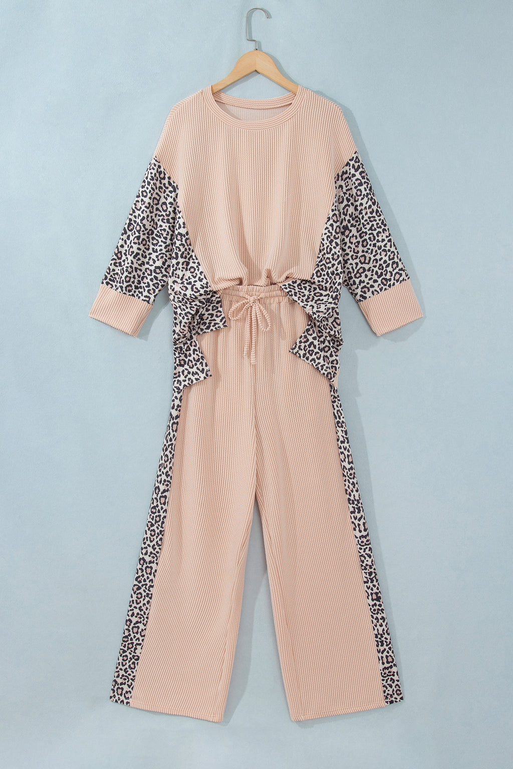 Parchment Leopard Print Twisted Ribbed Patchwork Long Sleeve Top Loose Pant Set PREORDER ETA 3 WEEKS
