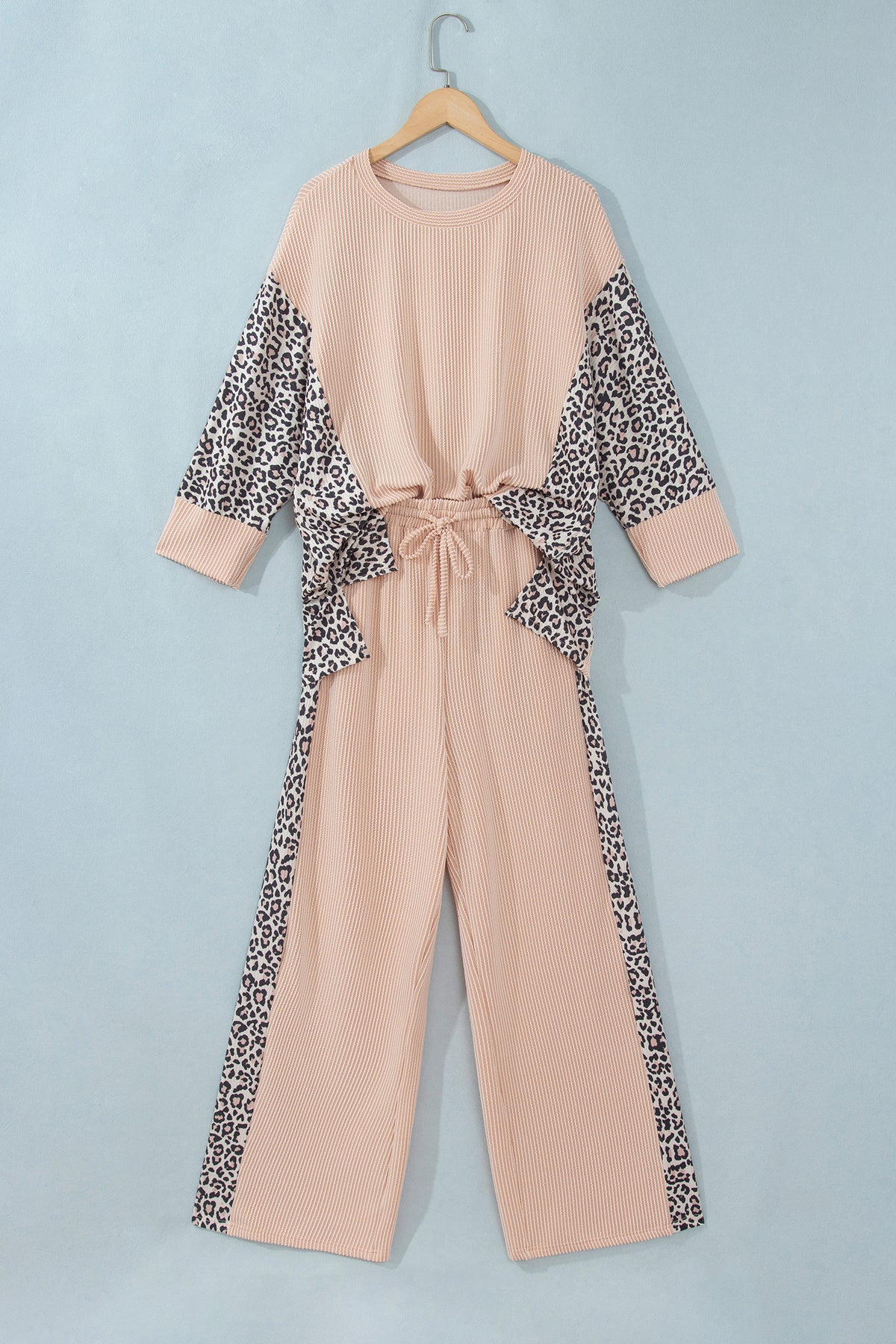 Parchment Leopard Print Twisted Ribbed Patchwork Long Sleeve Top Loose Pant Set PREORDER ETA 3 WEEKS