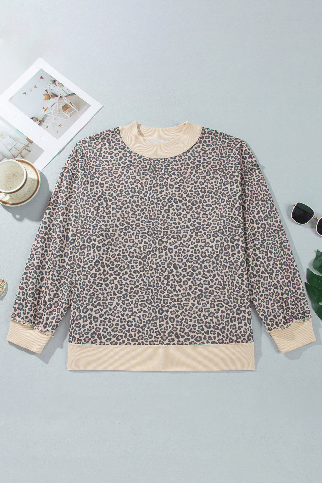 Multicolour Plus Size Leopard Print Ribbed Color Block Mock Neck Tunic Sweatshirt PREORDER ETA 3 WEEKS