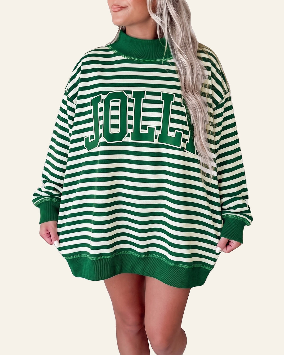 Green Stripe Christmas Slogan Embroidery Patched Mock Neck Oversized Sweatshirt PREORDER ETA 3 WEEKS