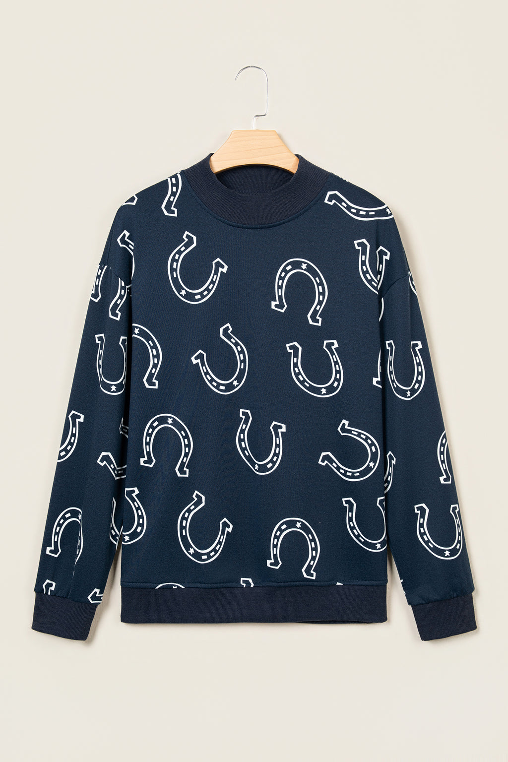 Blue Western Horseshoe Print Mock Neck Casual Pullover Sweatshirt PREORDER ETA 3 WEEKS