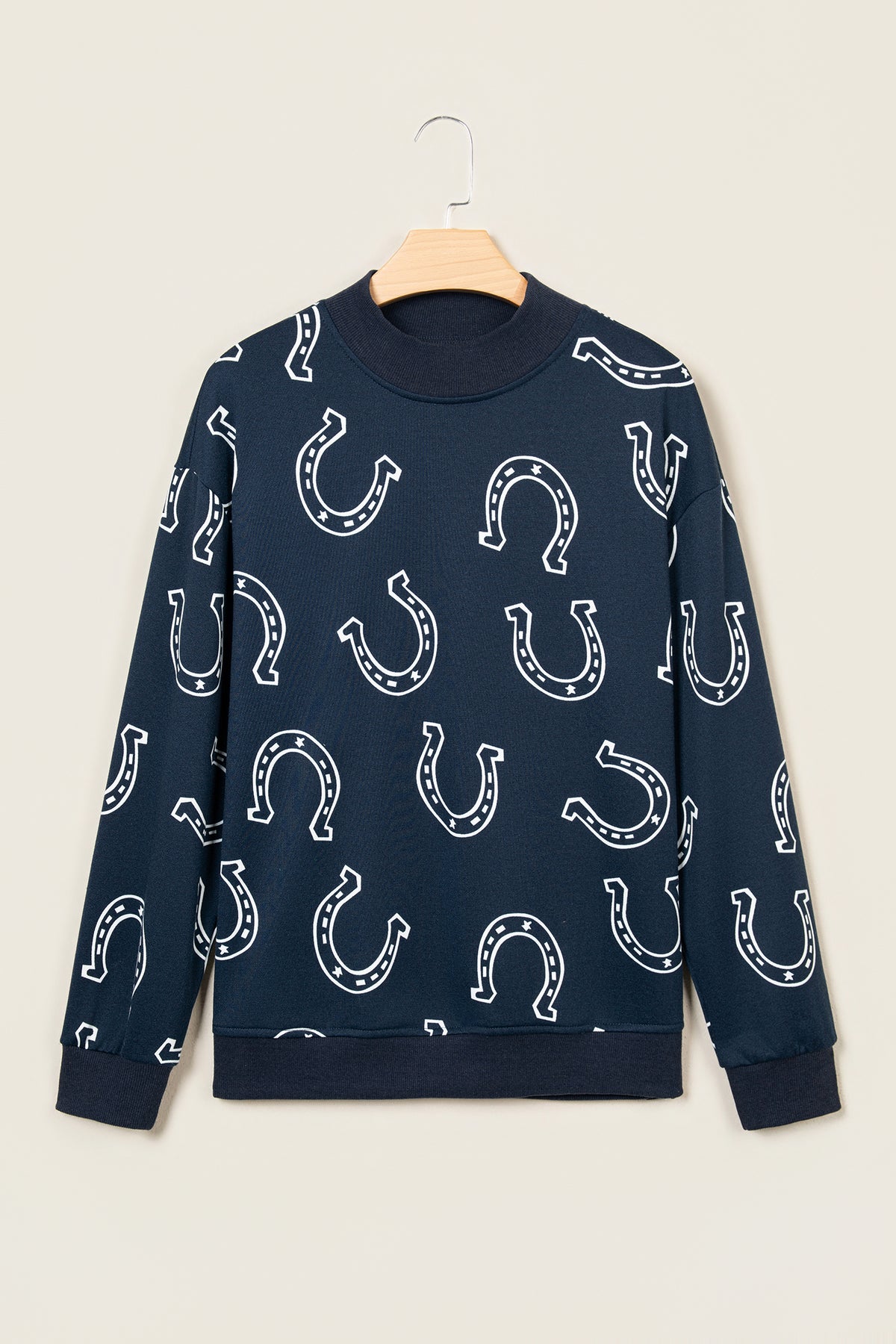 Blue Western Horseshoe Print Mock Neck Casual Pullover Sweatshirt PREORDER ETA 3 WEEKS