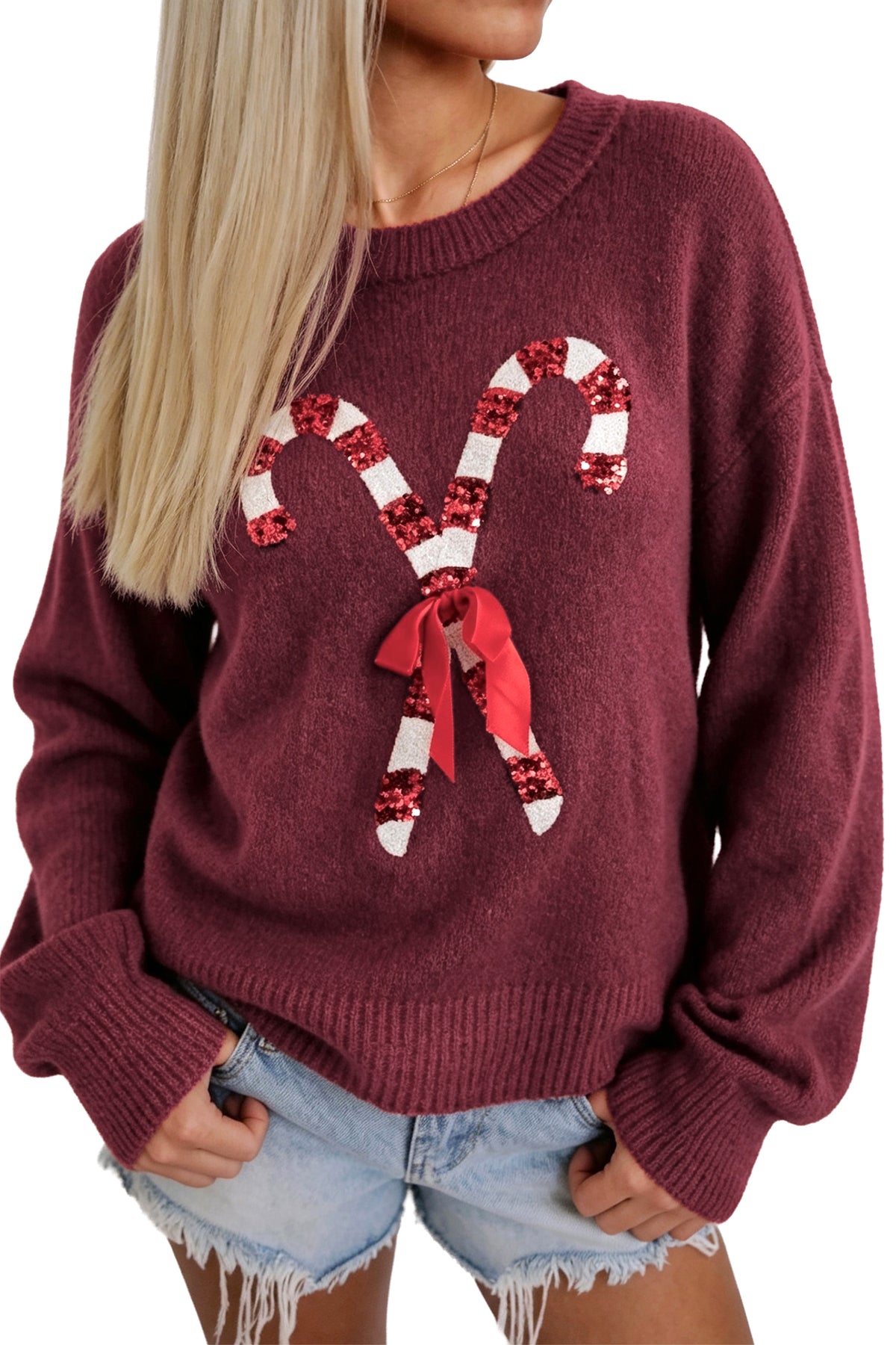 Red Dahlia Sequined Candy Cane Festive Casual Christmas Sweater PREORDER ETA 3 WEEKS
