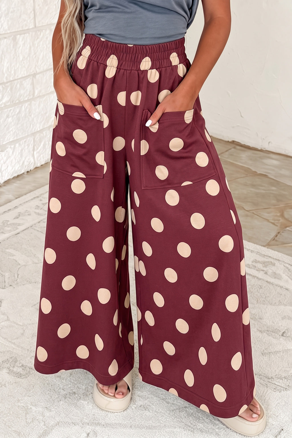 Burgundy Polka Dot Wide Leg Elastic Waist Casual Pants PREORDER ETA 3 WEEKS
