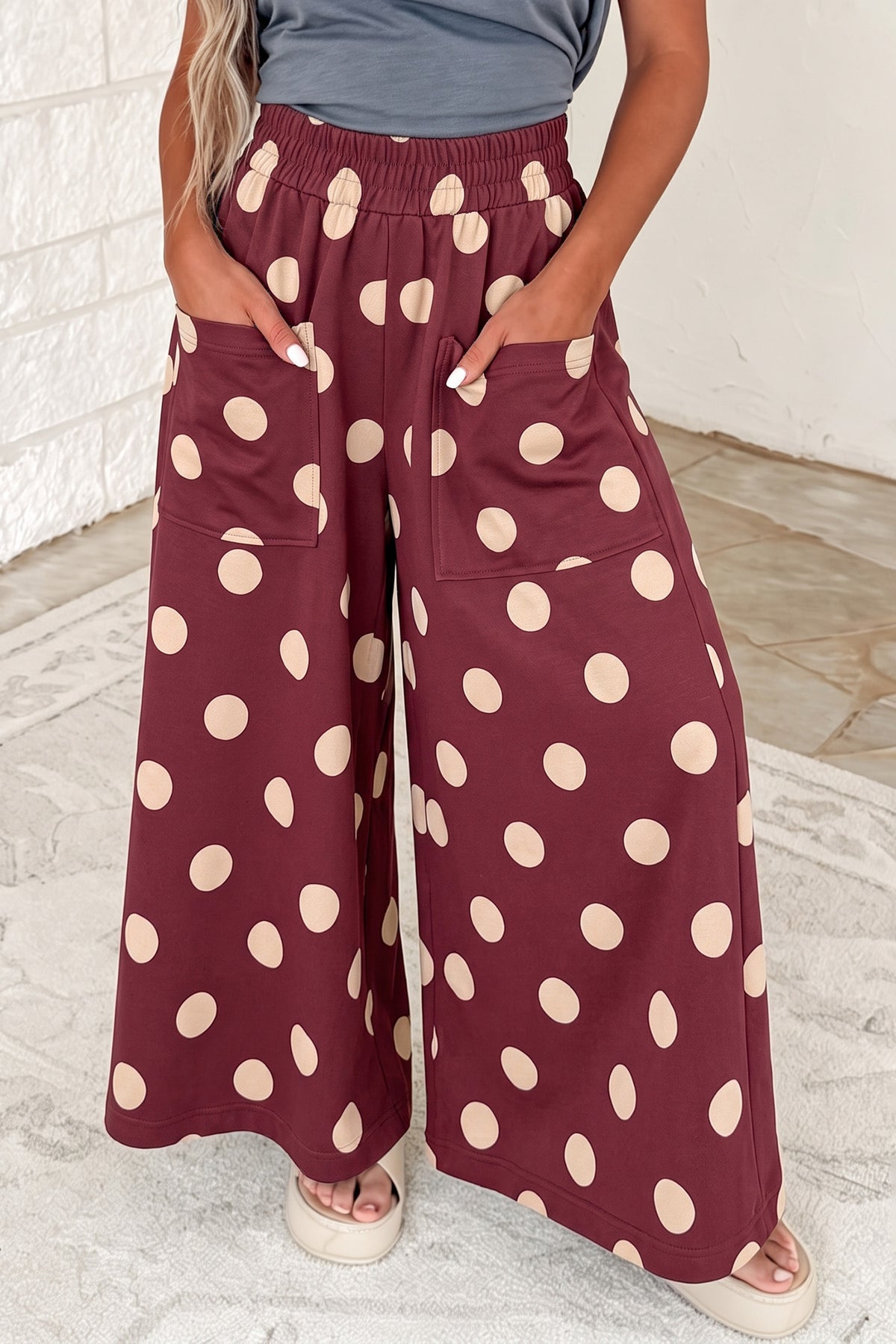 Burgundy Polka Dot Wide Leg Elastic Waist Casual Pants PREORDER ETA 3 WEEKS